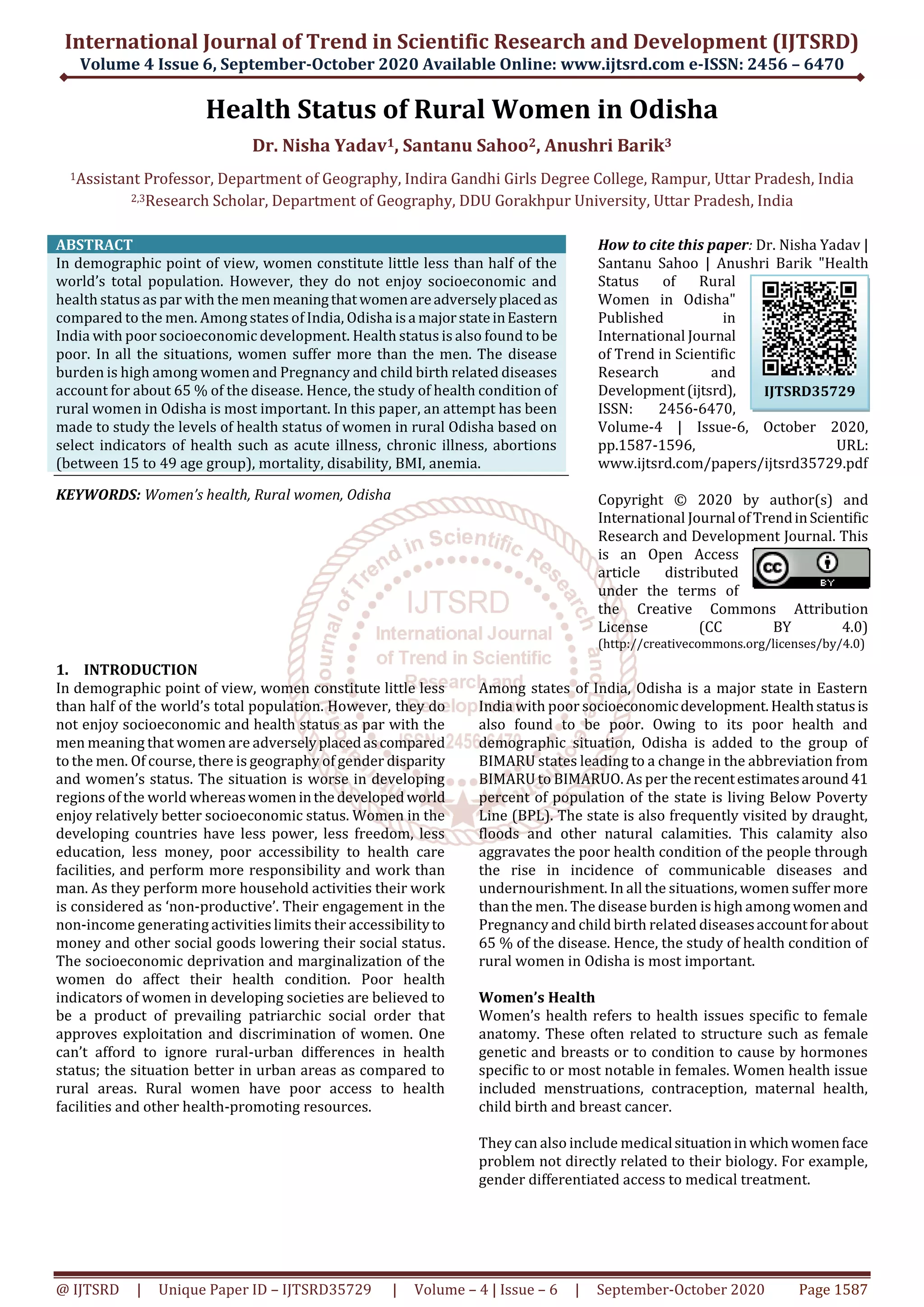 Health Status of Rural Women in Odisha | PDF