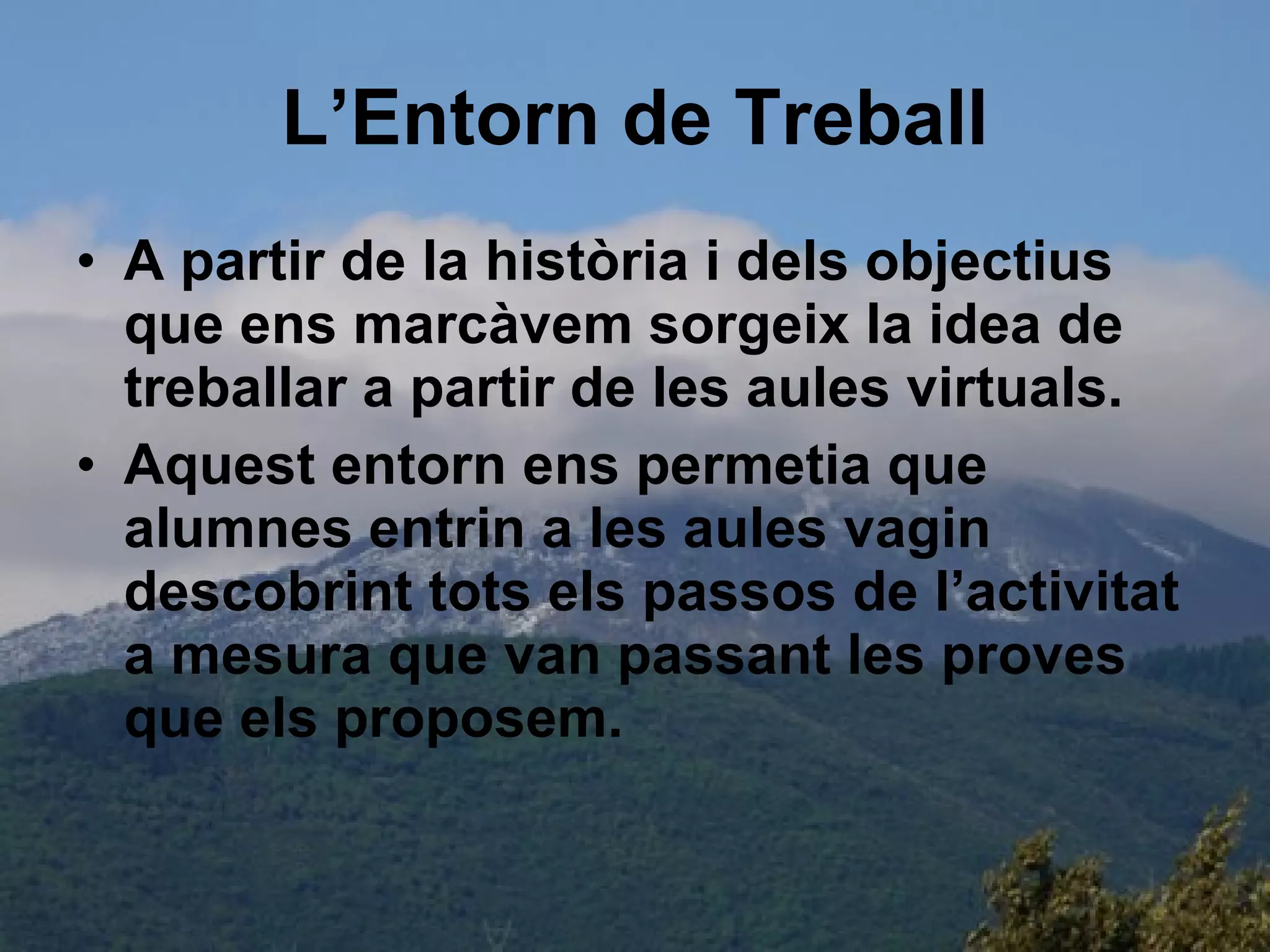 L’Entorn de Treball A partir de la història i dels objectius que ens marcàvem sorgeix la idea de treballar a partir de les aules virtuals. Aquest entorn ens permetia que alumnes entrin a les aules vagin descobrint tots els passos de l’activitat a mesura que van passant les proves que els proposem. 