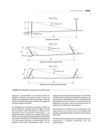 CAPÍTULO 12. ESPIGONES 472
L Lt
Le
entre 9º y 14º
Espigón
Empotramiento
Lt
Lt
Lto
entre 9º y 14º
Lto
Lt
entre 9º y 14º
Sp
Sp
Sp
Flujo
Flujo
Flujo
Espigones normales
Espigones inclinados aguas arriba
Espigones inclinados hacia aguas abajo
espigones. Generalmente, se construye primero el
espigón localizado más aguas arriba y luego los
espigones subsiguientes hacia aguas abajo. Esto se
hace con el objetivo de poder construir los espigones
en aguas bajas y calmadas.
Los espigones se construyen en grupos mínimo de
cuatro espigones seguidos (Derrick, 1998). Una de
las decisiones más importante del diseño es la
separación entre espigones individuales. Los
espigones deben colocarse a una distancia tal que la
acción conjunta de ellos pueda separar el eje de flujo
de la orilla, se debiliten las corrientes entre espigones
y se promueva entonces, sedimentación en los
espacios entre ellos (Przedwojski 1995). Si los
FIGURA 12.6 Orientación de espigones con respecto al flujo.
espigones están demasiado separados, las corrientes
pueden atacar la orilla que se pretende proteger entre
dos espigones, generándose erosión o produciéndose
meanderización de la corriente. La construcción de
espigones muy cerca unos de los otros produce un
sistema menos eficiente y más costoso.
Generalmente la distancia entre espigones está
relacionada con el ancho del río la longitud del
espigón, la velocidad del flujo, el ángulo a y la curvatura
de la orilla.
Generalmente los espigones permeables pueden ser
espaciados a mayores distancias que los
impermeables.
 