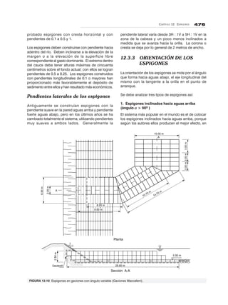 CAPÍTULO 12. ESPIGONES 476
6.00m.
2.00m
8.00 m
9.50 m
10.70 m
14.70 m
2.00m2.00m3.00m
10.00 m
2.50m
25.60 m
0.50 m
3
2
Geotextil
Planta
Sección A-A
A
A
probado espigones con cresta horizontal y con
pendientes de 0.1 a 0.5 y 1.
Los espigones deben construirse con pendiente hacia
adentro del río. Deben inclinarse a la elevación de la
margen o a la elevación de la superficie libre
correspondiente al gasto dominante. El extremo dentro
del cauce debe tener alturas máximas de cincuenta
centímetros sobre el fondo actual; con ellos se logran
pendientes de 0.5 a 0.25. Los espigones construidos
con pendientes longitudinales de 0.1 o mayores han
proporcionado más favorablemente el depósito de
sedimento entre ellos y han resultado más económicos.
Pendientes laterales de los espigones
Antiguamente se construían espigones con la
pendiente suave en la pared aguas arriba y pendiente
fuerte aguas abajo, pero en los últimos años se ha
cambiado totalmente el sistema, utilizando pendientes
muy suaves a ambos lados. Generalmente la
pendiente lateral varía desde 3H : 1V a 5H : 1V en la
zona de la cabeza y un poco menos inclinados a
medida que se avanza hacia la orilla. La corona o
cresta se deja por lo general de 2 metros de ancho.
12.3.3 ORIENTACIÓN DE LOS
ESPIGONES
La orientación de los espigones se mide por el ángulo
que forma hacia aguas abajo, el eje longitudinal del
mismo con la tangente a la orilla en el punto de
arranque.
Se debe analizar tres tipos de espigones así:
1. Espigones inclinados hacia aguas arriba
(ángulo ααααα > 90º )
El sistema más popular en el mundo es el de colocar
los espigones inclinados hacia aguas arriba, porque
según los autores ellos producen el mejor efecto, en
FIGURA 12.10 Espigones en gaviones con ángulo variable (Gaviones Maccaferri).
 