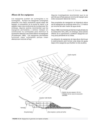 CAPÍTULO 12. ESPIGONES 478
Cresta angosta
Colchón de poco espesor (.30 mt.)
y longitud de dos veces la socavación
calculada
Emplear malla flexible
Geotextil
Empotramiento Poco espesor y cantos pe1ueños
Altura de los espigones
Los espigones pueden ser sumergidos o no
sumergidos. Aunque los espigones sumergidos
presentan una mayor socavación aguas abajo del
espigón, la socavación en la punta es menor y se
adaptan mejor a las condiciones de inundaciones. Sin
embargo, algunos autores recomiendan que los
espigones permeables o sólidos trabajen en
condiciones no sumergidas para disminuir la
socavación lateral la cual puede destruir los espigones
(Przedwojski 1995). Los espigones permeables
funcionan mejor sumergidos porque crean
alteraciones menores al flujo.
Algunos investigadores recomiendan que no se
permita que el flujo pase por encima del espigón para
evitar socavación lateral del mismo.
Para propósitos de navegación en Holanda la altura
de los espigones se construye entre 0.3 y 1.3 metros
por encima del valor medio de agua anual.
Maza (1989) recomienda pendientes longitudinales de
la cresta entre 10% y 25%, sin embargo, otros autores
difieren de su apreciación y prefieren espigones con
muy poca pendiente en la cresta.
La utilización de espigones de baja altura disminuye
la sedimentación pero forman unas áreas de aguas
bajas entre espigones que facilitan la vida acuática.
FIGURA 12.12 Espigones en gaviones con tapete completo.
 