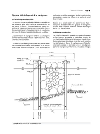 CAPÍTULO 12. ESPIGONES 483
5.00 m
3.00 m
Madera .30 x .30 m
cada 2.40 m
.30 x .30
.20 x .30
Piedras de Ø 1.00 m
Piedras de Ø .30 m
Geotextil
Geotextil Pilotes de concreto pretensado
de .30 x .30 m. cada 1.20 m.
9.00m
Efectos hidráulicos de los espigones
Socavación y sedimentación
La construcción de espigones produce socavación en
las zonas de altas velocidades y sedimentación en
las barras o playas. Los caudales que pasan por
encima de los espigones generan socavación dentro
del cauce e impiden el establecimiento de vegetación
permanente de algunas especies de vida acuática.
La construcción de espigones también se utiliza para
eliminar canales secundarios y consolidar las islas,
uniendo unas con otras.
La construcción de espigones puede requerir de obras
de control de erosión en la orilla opuesta. A su vez los
espigones pueden utilizarse como sistemas de
protección en orillas opuestas a las de revestimientos
laterales para concentrar el flujo en un ancho de canal
determinado.
Debido a su efecto sobre los patrones de flujo y
transporte de sedimentos los grupos de espigones
pueden tener un efecto profundo sobre la morfología
del río y la vida acuática.
Problemas ambientales
Los criterios de diseño para espigones en el pasado
se han limitado a manejar el control de erosión, la
inundación y los objetivos de navegación, olvidándose
de los aspectos ambientales, sin embargo, la practica
mundial actual de diseño de espigones permite definir
criterios basados en consideraciones ecológicas.
Como los espigones permanecen por debajo del agua
FIGURA 12.17 Espigón en pilotes y enrocado.
 