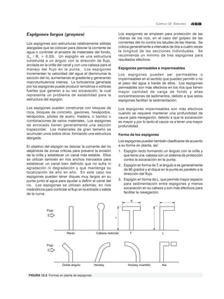 CAPÍTULO 12. ESPIGONES 468
L
B
Recto Cabeza redonda T L
Doble ángulo Hockey Hockey invertido Ala
Flujo
Flujo
Espigones largos (groynes)
Los espigones son estructuras relativamente sólidas
alargadas que se colocan para desviar la corriente de
agua o controlar el arrastre de materiales del fondo,
(Lp
/ B1
> 0.33). Un espigón es una estructura
construida a un ángulo con la dirección de flujo,
anclada en la orilla del canal y con una cabeza para el
manejo del flujo en la punta. Los espigones
incrementan la velocidad del agua al disminuirse la
sección del río, aumentando el gradiente y generando
macroturbulencia intensa. La turbulencia generada
por los espigones puede producir remolinos o vórtices
fuertes que generen a su vez socavación, la cual
representa un problema de estabilidad para la
estructura del espigón.
Los espigones pueden construirse con bloques de
roca, bloques de concreto, gaviones, hexápodos,
tetrápodos, pilotes de acero, madera, o bambú o
combinaciones de varios materiales. Los espigones
de enrocado tienen generalmente una sección
trapezoidal. Los materiales de gran tamaño se
acumulan unos sobre otros, formando una estructura
alargada.
El objetivo del espigón es desviar la corriente del río
alejándola de zonas críticas para prevenir la erosión
de la orilla y establecer un canal más estable. Ellos
se utilizan también en ríos anchos trenzados para
establecer un canal bien definido que no sufra ni
agradación ni degradación y que mantenga su
localización de año en año. En este caso los
espigones pueden tener diques muy largos en su
punta junto al agua para ayudar a definir el canal del
río. Los espigones se utilizan además, en ríos
meándricos para controlar el flujo en la entrada o salida
de la curva.
Los espigones se emplean para protección de las
riberas de los ríos, en el caso del golpeo de las
corrientes del río contra los taludes de las riberas. Se
coloca generalmente a intervalos de dos a cuatro veces
la longitud de las secciones individuales. Se
recomienda un mínimo de tres espigones para
resultados efectivos.
Espigones permeables e impermeables
Los espigones pueden ser permeables o
impermeables en el sentido que pueden permitir o no
el paso del agua a través de ellos. Los espigones
permeables son más efectivos en los ríos que tienen
mayor cantidad de carga de fondo y altas
concentraciones de sedimentos, debido a que estos
espigones facilitan la sedimentación.
Los espigones impermeables son más efectivos
cuando se requiere mantener una profundidad de
cauce para navegación, debido a que la socavación
es mayor y por lo tanto el cauce va a tener una mayor
profundidad.
Forma de los espigones
Los espigones pueden también clasificarse de acuerdo
a su forma en planta, así:
1. Espigón recto formando un ángulo con la orilla y
que tiene una cabeza con un sistema de protección
contra la socavación en la punta.
2. Espigón en forma de T, el ángulo a es generalmente
de 90 grados y el dique en la punta es paralelo a la
dirección del flujo.
3. Espigón en forma de L, que permite mayor espacio
para sedimentación entre espigones y menos
socavación en su cabeza y son más efectivos para
facilitar la navegación.
FIGURA 12.3 Formas en planta de espigones.
 