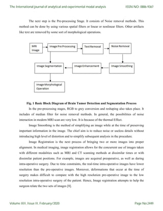 The next step is the Pre-processing Stage. It consists of Noise removal methods. This
method can be done by using various spatial filters or linear or nonlinear filters. Other artifacts
like text are removed by some sort of morphological operations.
Fig. 1 Basic Block Diagram of Brain Tumor Detection and Segmentation Process
In the pre-processing stages, RGB to grey conversion and reshaping also takes place. It
includes of median filter for noise removal methods. In general, the possibilities of noise
interaction in modern MRI scan are very low. It is because of the thermal Effect.
Image Smoothing is the method of simplifying an image while at the time of preserving
important information in the image. The chief aim is to reduce noise or useless details without
introducing high level of distortion and to simplify subsequent analysis in the procedure.
Image Registration is the next process of bringing two or more images into proper
alignment. In medical imaging, image registration allows for the concurrent use of images taken
with different modalities such as MRI and CT scanning methods at dissimilar times or with
dissimilar patient positions. For example, images are acquired preoperative, as well as during
intra-operative surgery. Due to time constraints, the real-time intra-operative images have lower
resolution than the pre-operative images. Moreover, deformations that occur at the time of
surgery makes difficult to compare with the high resolution pre-operative image to the low
resolution intra-operative surgery of the patient. Hence, Image registration attempts to help the
surgeon relate the two sets of images [8].
The International journal of analytical and experimental modal analysis
Volume XII, Issue II, February/2020
ISSN NO: 0886-9367
Page No:2449
 