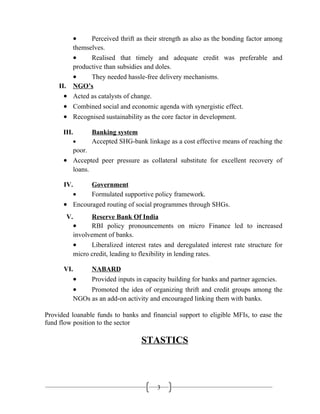 3
• Perceived thrift as their strength as also as the bonding factor among
themselves.
• Realised that timely and adequate credit was preferable and
productive than subsidies and doles.
• They needed hassle-free delivery mechanisms.
II. NGO’s
• Acted as catalysts of change.
• Combined social and economic agenda with synergistic effect.
• Recognised sustainability as the core factor in development.
III. Banking system
• Accepted SHG-bank linkage as a cost effective means of reaching the
poor.
• Accepted peer pressure as collateral substitute for excellent recovery of
loans.
IV. Government
• Formulated supportive policy framework.
• Encouraged routing of social programmes through SHGs.
V. Reserve Bank Of India
• RBI policy pronouncements on micro Finance led to increased
involvement of banks.
• Liberalized interest rates and deregulated interest rate structure for
micro credit, leading to flexibility in lending rates.
VI. NABARD
• Provided inputs in capacity building for banks and partner agencies.
• Promoted the idea of organizing thrift and credit groups among the
NGOs as an add-on activity and encouraged linking them with banks.
Provided loanable funds to banks and financial support to eligible MFIs, to ease the
fund flow position to the sector
STASTICS
 