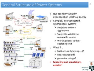 2
General Structure of Power SystemsGeneral Structure of Power Systems
o Our economy is highly
dependent on Electrical Energy
o Complex, interconnected,
synchronous, systems
 Subject to external
aggressions
 Subject to volatility of
renewable sources
 Working closer to their
operating limit
o What if…
 fault occurs (lightning, …)?
 line switched off?
 generator outage?
o Modeling and simulations
needed!
 