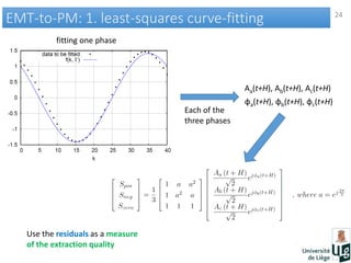 24
EMT-to-PM: 1. least-squares curve-fittingEMT-to-PM: 1. least-squares curve-fitting
Aa(t+H), Ab(t+H), Ac(t+H)
φa(t+H), φb(t+H), φc(t+H)
Each of the
three phases
fitting one phase
Use the residuals as a measure
of the extraction quality
 