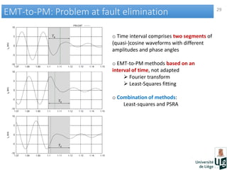 29
EMT-to-PM: Problem at fault eliminationEMT-to-PM: Problem at fault elimination
o Time interval comprises two segments of
(quasi-)cosine waveforms with different
amplitudes and phase angles
o EMT-to-PM methods based on an
interval of time, not adapted
 Fourier transform
 Least-Squares fitting
o Combination of methods:
Least-squares and PSRA
 