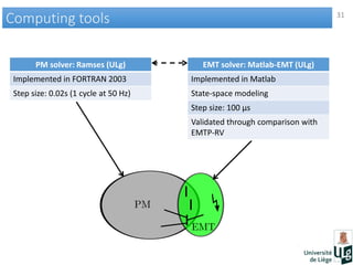 31
Computing toolsComputing tools
PM solver: Ramses (ULg)
Implemented in FORTRAN 2003
Step size: 0.02s (1 cycle at 50 Hz)
EMT solver: Matlab-EMT (ULg)
Implemented in Matlab
State-space modeling
Step size: 100 µs
Validated through comparison with
EMTP-RV
 