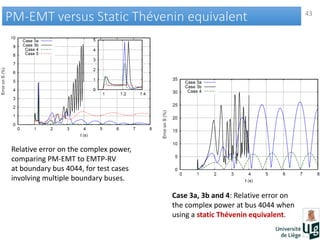 43
PM-EMT versus Static Thévenin equivalentPM-EMT versus Static Thévenin equivalent
Case 3a, 3b and 4: Relative error on
the complex power at bus 4044 when
using a static Thévenin equivalent.
Relative error on the complex power,
comparing PM-EMT to EMTP-RV
at boundary bus 4044, for test cases
involving multiple boundary buses.
 
