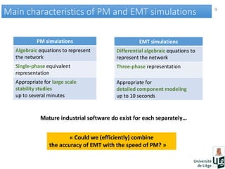 9
Main characteristics of PM and EMT simulationsMain characteristics of PM and EMT simulations
PM simulations
Algebraic equations to represent
the network
Single-phase equivalent
representation
Appropriate for large scale
stability studies
up to several minutes
EMT simulations
Differential algebraic equations to
represent the network
Three-phase representation
Appropriate for
detailed component modeling
up to 10 seconds
Mature industrial software do exist for each separately…
« Could we (efficiently) combine
the accuracy of EMT with the speed of PM? »
 