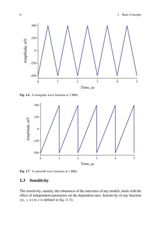 6 1 Basic Concepts
Fig. 1.6 A triangular wave function at 1 MHz
Fig. 1.7 A sawtooth wave function at 1 MHz
1.3 Sensitivity
The sensitivity, namely, the robustness of the outcomes of any models, deals with the
effect of independent parameters on the dependent ones. Sensitivity of any function
y(x, z, w) to x is deﬁned in Eq. (1.5).
 