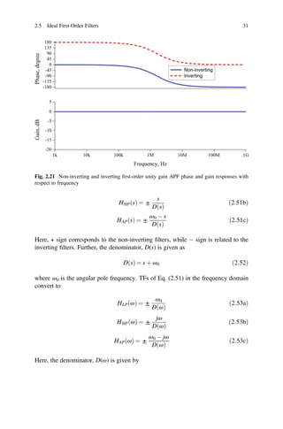 ð Þ
ð Þ
ð Þ
ð Þ
2.5 Ideal First-Order Filters 31
Fig. 2.21 Non-inverting and inverting ﬁrst-order unity gain APF phase and gain responses with
respect to frequency
HHP s
ð Þ = ±
s
D s
ð2:51bÞ
HAP s
ð Þ = ±
ω0 - s
D s
ð2:51cÞ
Here, + sign corresponds to the non-inverting ﬁlters, while - sign is related to the
inverting ﬁlters. Further, the denominator, D(s) is given as
D s
ð Þ = s þ ω0 ð2:52Þ
where ω0 is the angular pole frequency. TFs of Eq. (2.51) in the frequency domain
convert to
HLP ω
ð Þ = ±
ω0
D ω
ð Þ
ð2:53aÞ
HHP ω
ð Þ = ±
jω
D ω
ð2:53bÞ
HAP ω
ð Þ = ±
ω0 - jω
D ω
ð2:53cÞ
Here, the denominator, D(ω) is given by
 