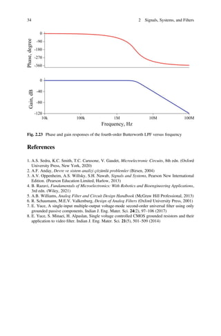 34 2 Signals, Systems, and Filters
Fig. 2.23 Phase and gain responses of the fourth-order Butterworth LPF versus frequency
References
1. A.S. Sedra, K.C. Smith, T.C. Carusone, V. Gaudet, Microelectronic Circuits, 8th edn. (Oxford
University Press, New York, 2020)
2. A.F. Anday, Devre ve sistem analizi çözümlü problemler (Birsen, 2004)
3. A.V. Oppenheim, A.S. Willsky, S.H. Nawab, Signals and Systems, Pearson New International
Edition. (Pearson Education Limited, Harlow, 2013)
4. B. Razavi, Fundamentals of Microelectronics: With Robotics and Bioengineering Applications,
3rd edn. (Wiley, 2021)
5. A.B. Williams, Analog Filter and Circuit Design Handbook (McGraw Hill Professional, 2013)
6. R. Schaumann, M.E.V. Valkenburg, Design of Analog Filters (Oxford University Press, 2001)
7. E. Yuce, A single-input multiple-output voltage-mode second-order universal ﬁlter using only
grounded passive components. Indian J. Eng. Mater. Sci. 24(2), 97–106 (2017)
8. E. Yuce, S. Minaei, H. Alpaslan, Single voltage controlled CMOS grounded resistors and their
application to video ﬁlter. Indian J. Eng. Mater. Sci. 21(5), 501–509 (2014)
 