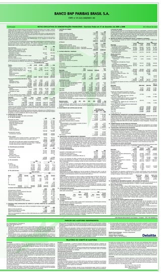 PARIBAS
                                                                                                               BANCO BNP PARIBAS BRASIL S.A.
                                                                                                                                          CNPJ nº 01.522.368/0001-82


 Continuação                                                            NOTAS EXPLICATIVAS ÀS DEMONSTRAÇÕES FINANCEIRAS - Exercícios findos em 31 de dezembro de 2009 e 2008                                                                                                                            (Em milhares de reais)
   O Banco optou por designar parte dos instrumentos financeiros derivativos como “hedge”, conforme                7. CARTEIRA DE CÂMBIO                                                                                          c) Aumento de capital
   estabelecido pela Circular nº 3.082/02 do BACEN. O impacto da marcação a mercado dos ativos                        a) Ativo                                                                                                    Os acionistas aprovaram em 18 de dezembro de 2009, por unanimidade, o aumento do capital
   objeto, além do divulgado acima, está demonstrado na nota 17b.                                                                                                                                   2009             2008         do Banco em R$ 43.877, por meio da utilização das Reservas Estatutárias, Reservas de Avaliação
   O valor de mercado dos títulos compreende o valor divulgado pela Anbima ou está representado                       Câmbio comprado a liquidar                                              1.834.085        7.803.356          de Títulos Patrimoniais e Reservas de Incentivos Fiscais do Banco, que ocorrerá proporcionalmente
   pelo fluxo de caixa futuro trazido a valor presente pelas taxas divulgadas pela BM&FBovespa ou                     Direitos sobre venda de câmbio                                          2.191.132        7.568.631          à participação no capital social do Banco detida por cada acionista, sem a emissão de novas
   agentes de mercado, quando necessário.                                                                             Cambiais em moeda estrangeira                                               1.784            3.130          ações. Não haverá aporte de capital pelos acionistas. O aumento de capital encontra-se em
   O valor de mercado dos instrumentos financeiros derivativos representa o fluxo de caixa trazido a                  Adiantamentos em moeda estrangeira                                           (307)          (9.159)         processo de aprovação pelo Banco Central do Brasil.
   valor presente pelas taxas divulgadas pela BM&FBovespa, ou por cotações de mercado para                            Adiantamentos em moeda nacional                                          (183.338)         (24.723)     14. IMPOSTO DE RENDA E CONTRIBUIÇÃO SOCIAL (CORRENTE E DIFERIDO)
   aqueles instrumentos que os possuam.                                                                               Rendas a receber de adiantamentos concedidos                                2.117           10.165          a) As despesas de imposto de renda e contribuição social corrente de 2009 e 2008 foram
   (*) As cotas do fundo de investimento multimercado estão representadas por aplicações do Banco                                                                                             3.845.473       15.351.400              assim apuradas:
                                                                                                                      b) Passivo                                                                                                                                                    2009                      2008
   em fundo exclusivo do Grupo BNP Paribas - BNP Paribas Proprietário Fundo de Investimento
                                                                                                                                                                                             2009                  2008                                                     Imposto Contribuição      Imposto Contribuição
   Multimercado Crédito Privado Investimento no Exterior (antiga denominação do Memphis
   Multimercado Fundo de Investimento), com as seguintes composições:                                                 Câmbio vendido a liquidar                                          2.117.767             8.496.823          Descrição                                de renda        social    de renda        social
                                                                                2009            2008                  Obrigações por compra de câmbio                                    1.913.322             6.694.761          Lucro antes do imposto de renda,
                                                                                                                      Adiantamentos sobre contratos de câmbio - Exportação                 (58.822)             (198.774)            contribuição social e participações   459.935       459.935     421.983       421.983
   Disponibilidades                                                                1              1
                                                                                                                      Adiantamentos sobre contratos de câmbio - Instituições financeiras   (13.262)                    -          (-) Participação dos empregados no lucro (87.296)      (87.296)    (39.747)      (39.747)
   Aplicações interfinanceiras de liquidez                                  228.140        461.790
                                                                                                                                                                                         3.959.005            14.992.810          (-) Juros sobre capital próprio          (59.929)      (59.929)    (47.456)      (47.456)
   Títulos e valores mobiliários ( LTN)                                            -       621.309
                                                                                                                   8. OUTROS CRÉDITOS - DIVERSOS                                                                                  Lucro antes do imposto de renda e
   Instrumentos financeiros derivativos
                                                                                                                                                                                                2009                  2008           contribuição social                   312.710       312.710     334.780       334.780
   - Operações de “swap”                                                    396.357       (783.603)
   - Operações com Futuros                                                     (710)               -                  Crédito tributário de impostos e contribuições                        151.456              116.465          Adições (exclusões):
   Negociação e intermediação de valores a pagar                                   -        (89.434)                  Impostos e contribuições a compensar/recuperar                         35.610                13.727         Permanentes:
   Diversos a pagar                                                              (39)           (18)                  Devedores diversos - Exterior                                         202.196                48.793           Equivalência patrimonial                      (10.734)      (10.734)       (19.117)      (19.117)
   Patrimônio líquido do fundo                                              623.749        210.045                    Devedores diversos - País                                                 405                   870           Outras provisões, receitas e despesas
                                                                                                                      Adiantamentos diversos                                                  3.545                 1.574             indedutíveis                                  3.616         3.616        (16.800)       (7.957)
   Independentemente da segregação por categoria ou estratégia, segue abaixo a carteira existente                     Devedores por depósitos em garantia                                   107.718                50.813
   em 31 de dezembro de 2009 por vencimento dos respectivos títulos contratados:                                                                                                                                                  Temporárias:
                                                                                                                      Total                                                                 500.930              232.242            Provisão para contingências, fianças
                                                      Em quantidade de dias
                                                                                                                      Curto prazo                                                           327.650              143.229              e outras                                   125.512        125.512       146.038       146.038
                                                                              Acima
                                                                                                                      Longo prazo                                                           173.280                89.013           Superveniência de depreciação                (26.041)             -       (11.988)             -
   Títulos                                     0-30 31-180      181-360       de 360         Total
                                                                                                                                                                                                                                    Marcação a mercado (TVM e derivativos)       193.150        193.150      (165.094)     (165.094)
   Títulos:                                                                                                           No exercício findo em 31 de dezembro de 2009, os créditos tributários apresentaram        a seguinte          Efeitos tributários sobre derivativos -
     Letras do Tesouro Nacional - LTN      150.661   6.487      15.247      234.171     406.566                       movimentação:                                                                                                   Leis 11.051/04 - art. 32 e 11.196/05 -
     Letras Financeiras do Tesouro - LFT          - 2.803        6.986             -       9.789                                                                        Saldo                                        Saldo               art. 110                                (86.490)       (86.490)       76.679        76.672
     Notas do Tesouro Nacional - NTN       287.042        -   762.115       794.930 1.844.087                         Descrição                                        inicial Constituição  Realização               final
                                                                                                                                                                                                                                  Lucro tributável                               511.723        537.764       344.498       365.322
     Ações                                  11.310        -           -            -     11.310                       Imposto de renda
                                                                                                                                                                                                                                  Imposto de renda - 15%                          76.759              -        51.675             -
     Notas promissórias                           -       -            -      8.727        8.727                      Diferenças temporárias:
                                                                                                                                                                                                                                  Adicional do imposto de renda - 10%             51.148              -        34.426             -
     Debêntures                                   -       -           -      31.854      31.854                         Provisão para créditos de liquidação duvidosa 5.935            236         (213)            5.958
                                                                                                                                                                                                                                  Incentivo fiscal                                (1.535)             -          (386)            -
                                                                                                                        Provisão para efeitos de derivativos           9.954           834       (9.954)              834
     Cotas de Fundos de Investimento       623.749        -           -            -    623.749                                                                                                                                   Contribuição social - 9%                             -              -             -        32.879
                                                                                                                        Provisão para outros passivos                 56.504       44.311      (13.893)            86.922
                                         1.072.762  9.290     784.348 1.069.682 2.936.082                                                                                                                                         Ajuste da CSLL de 9% para 15%                        -         80.664             -        19.124
                                                                                                                        Provisões diversas                               582           388          (25)              945
                                                                                                                                                                                                                                  Exercício anterior                                 320            198             -             -
   Instrumentos financeiros derivativos - Ativo                                                                                                                       72.975       45.769      (24.085)            94.659
     Opções                                6.976               733         4.808         -             12.517         Contribuição social                                                                                         Total                                          126.692         80.862        85.715        52.003
     Operações a termo                     3.398            15.571         2.099     1.413             22.481         Diferenças temporárias:                                                                                     Os resultados de imposto de renda e contribuição social diferidos de 2009 e 2008 foram assim
     Operações de “swap”                  21.315             4.317        36.731    56.893            119.256           Provisão para créditos de liquidação duvidosa 3.561            142         (127)           3.576          apurados:
                                          31.689            20.621        43.638    58.306            154.254           Provisão para efeitos de derivativos           5.677           500      (5.677)              500                                                                                                Efeito no
   Total                              1.104.451             29.911       827.986 1.127.988          3.090.336           Provisão para outros passivos                 33.902       26.587       (8.336)           52.153          Descrição                                                Saldo inicial  Saldo final   resultado
                                                                                                                        Provisões diversas                               350           232          (14)             568
   Instrumentos financeiros derivativos - Passivo                                                                                                                                                                                 Créditos tributários:
                                                                                                                                                                      43.490       27.461      (14.154)           56.797
     Opções                                     -           13.928        38.691       62.336           114.955                                                                                                                     Imposto de renda                                          72.975       94.659       21.684
                                                                                                                      Total 2009                                     116.465       73.230      (38.239)          151.456            Contribuição social                                       43.490       56.797       13.307
     Operações a termo                     5.724            20.484        16.428        3.616            46.252
                                                                                                                      Total 2008                                      36.759       85.097       (5.391)          116.465                                                                    116.465       151.456       34.991
     Operações de “swap”                 410.667             1.942         5.377       14.945           432.931                                                                                                                   Imposto de renda passivo do ajuste a mercado
   Total                                 416.391            36.354        60.496       80.897           594.138       A Administração, com base nas suas projeções de resultados, entende que irá auferir resultados
                                                                                                                      tributáveis em até dez anos para absorver os créditos tributários registrados nas demonstrações               dos títulos e valores mobiliários para negociação
   O valor de referência dos contratos, registrados na BM&FBovespa ou Cetip, está contabilizado                       financeiras. Essa estimativa é periodicamente revisada, de modo que eventuais alterações na                      e derivativos                                         (47.453)              -    47.453
   em contas de compensação, conforme abaixo:                                                                         perspectiva de recuperação desses créditos sejam tempestivamente considerados nas                           Imposto de renda - Efeitos das Leis 11.051/04 -
                                                                                                                      demonstrações financeiras.                                                                                    art. 32 e 11.196/05 - art. 110                                   -    (11.668)     (11.668)
   Indexador                      “Swap”         Termo       Futuros     Opções            Total                                                                                                                                  Contribuição social passivo do ajuste a mercado dos
   Moeda estrangeira           2.070.817 1.787.690        5.826.561   5.544.714 15.229.782                            A expectativa de realização dos créditos tributários em 31 de dezembro de 2009 é:
                                                                                                                                                                                                                                    títulos e valores mobiliários para negociação
   Taxa de juros               4.764.955              -   6.755.335            - 11.520.290                                                                                                             de 2015                        e derivativos                                         (28.472)              -    28.472
   Outros                          5.260              -            -           -         5.260                        Exercício social                2010      2011     2012     2013       2014      até 2019       Total       Contribuição social - Efeitos da Leis 11.051/04 art. 32
   Total 2009                  6.841.032 1.787.690       12.581.896   5.544.714 26.755.332                            Créditos tributários          85.893         -        -         -          -      65.563 151.456              e 11.196/05 - art. 110                                           -     (7.296)       (7.296)
                                                                                                                      O valor presente do crédito tributário, em 31 de dezembro de 2009, é estimado em R$99.167                   Imposto de Renda da superveniência de depreciação
   Total 2008                  21.961.308        689.741         23.381.648        5.965.346        51.998.043
                                                                                                                      (R$84.427 em 2008), utilizando a taxa média de custo de captação estipulada para os respectivos               de arrendamento mercantil:
   O Banco tem como política administrar os riscos resultantes de operações com derivativos, evitando                 períodos.                                                                                                   Imposto de renda                                            (4.214)     (10.725)       (6.511)
   assumir posições expostas a flutuações de fatores de mercado e operando apenas instrumentos                     9. INVESTIMENTO EM CONTROLADA NO PAÍS                                                                          Total dos efeitos tributários (i)                          (80.139)     (29.689)      50.450
   que permitam o controle de riscos.                                                                                                                                                              BNP Paribas Asset              Total 2009                                                  36.326      121.767       85.441
   Para as operações com instrumentos financeiros derivativos, efetuadas junto à BM&FBovespa e                                                                                                  Management Brasil Ltda.
   liquidação de operação de câmbio efetuadas junto à “clearing” de câmbio, foram requeridas margens                                                                                                                              Total 2008                                                     14.428        36.326        21.897
                                                                                                                                                                                                    2009             2008
   de garantia, no valor de R$385.001 (R$1.513.340 em 2008).                                                          Informações relevantes sobre o investimento                                                                 (i) Vide nota 11a - (ii)
5. OPERAÇÕES DE CRÉDITO                                                                                                  Quantidade de cotas                                               11.324.999        11.324.999       15. COMPROMISSOS, GARANTIAS E OUTRAS RESPONSABILIDADES
   As informações da carteira são assim sumariadas:                                                                      Resultado do exercício                                                 14.432            25.702          As garantias prestadas a terceiros, compreendendo avais, fianças e outros, totalizam R$1.807.939
   a) Por tipo de operação                                                                                               Participação no capital                                               74,38%            74,38%           (R$2.545.604 em 2008), e estão registradas em conta de compensação.
                                                                                       2009                2008          Resultado da participação em controlada                                10.734            19.117          O Banco observando suas diretrizes de gerenciamento de riscos e considerando a conjuntura
   Operações de crédito:                                                                                                 Valor contábil do investimento                                         22.059            30.442          econômica atual e os riscos específicos de tais operações, constituiu provisão para perdas no
    Financiamentos à importação                                                      59.489             157.950       Informações relevantes sobre a investida:                                                                   montante de R$62.900 (R$72.875 em 2008), registrada em Outras Obrigações - Diversas (vide
    Resolução BACEN nº 2.770                                                         25.609             241.084       Ativo:                                                                                                      nota 11c).
    Cédula de Crédito Bancário                                                      116.853             167.004          Disponibilidades e outros créditos a receber do Banco                    1.697            1.415      16. ADMINISTRAÇÃO DE RECURSOS DE TERCEIROS
    Crédito Rotativo                                                                 39.891              44.878          Cotas de fundos de investimento                                        30.966            48.874          O Banco administra recursos de terceiros por meio de fundos de investimento e de carteiras
    Finame                                                                          133.344             100.312          Outros ativos                                                            9.521            5.858          administradas. O montante de recursos administrados totaliza R$21.503.059 (R$19.312.059 em 2008).
    Compror                                                                          40.400              29.816       Total ativo                                                               42.184            56.147
                                                                                                                      Passivo:                                                                                                17. TRANSAÇÕES COM PARTES RELACIONADAS
    Capital de Giro                                                                 102.519              53.301
                                                                                                                         Obrigações diversas                                                    12.526            15.219          a) Remuneração do pessoal-chave da Administração:
    Outros Empréstimos                                                                    -                  15
                                                                                                                         Patrimônio líquido:                                                                                       A instituição é administrada por um Conselho de Administração e por uma Diretoria. De acordo
                                                                                    518.105             794.360
                                                                                                                           Capital social                                                       15.226            15.226          com o Estatuto Social da Companhia, o Conselho de Administração deve ser composto por
   Arrendamento mercantil:
                                                                                                                           Lucros acumulados                                                    14.432            25.702          pessoas naturais, residentes ou não no país, e com mandato de 3 (três) anos, permitida a reeleição;
     Arrendamento mercantil                                                         176.494              80.422                                                                                                                   e a Diretoria deve ser composta por pessoas naturais, todas residentes no País, e com mandato
                                                                                    176.494              80.422       Total passivo                                                             42.184            56.147
                                                                                                                                                                                                                                  de 3 (três) anos, permitida a reeleição. Os membros do Conselho de Administração são
   Outros créditos:                                                                                                10. OBRIGAÇÕES POR EMPRÉSTIMOS E REPASSES                                                                      funcionários da Matriz, portanto não existe remuneração paga no Brasil. A remuneração atribuída
    Adiantamento sobre contrato de câmbio - exportação (nota 7b)                     58.822           198.774          São compostas, basicamente, por financiamentos à importação contratados integralmente com                  aos Diretores nos exercícios encerrados em 31 de dezembro de 2009 e de 2008 foram,
    Rendas a receber de adiantamento concedido (nota 7a)                              2.117            10.165          a matriz e financiamentos à exportação com cartas de crédito contratadas junto a empresas do               respectivamente, R$12.537 e R$28.629 que representam benefícios de curto prazo, remuneração
                                                                                     60.939           208.939          Grupo BNP Paribas localizadas em Nova York e Paris todos vencíveis até 25 de outubro de 2013               com base em ações e benefícios de rescisão de contrato de trabalho. Não houveram pagamentos
     Total antes da provisão para créditos de liquidação duvidosa                   755.538         1.083.721          com encargos financeiros que variam de 0,65% a 2,08%, além da respectiva variação cambial;                 referentes a benefícios pós-emprego e nem referentes a outros benefícios de longo prazo.
     Provisão para créditos de liquidação duvidosa (Res. nº 2682/99)                 (1.761)           (9.631)         operações de repasses do País - FINAME com encargos que variam de 8,50% a 8,80% (acima                     b) Transações com partes relacionadas
     Provisão adicional para créditos de liquidação                                 (21.127)          (14.109)         da variação da taxa de juros de longo prazo - TJLP), 1,5% para operações em EXIM-PRÉ e                      As transações com partes relacionadas nas empresas do grupo BNP Paribas se traduzem pelas
                                                                                    732.650         1.059.981          2,50% para operações em UMBNDES e repasses do exterior, com encargos financeiros que                       captações descritas nas notas 9, 10 e 11 e aplicações. Conforme quadro abaixo:
   b) Diversificação por atividade                                                                                     variam de 0,65% a 4,49%, vencíveis até 16 de janeiro de 2013.                                                                                                        2009                       2008
                                                                                       2009                2008    11. OUTRAS OBRIGAÇÕES                                                                                                                                             Ativo/        Receita/     Ativo/        Receita/
   Setor privado:                                                                                                      a) Fiscais e previdenciárias                                                                               Descrição                                       (Passivo)      (Despesa)   (Passivo)      (Despesa)
     Indústria                                                                     167.575              399.295                                                                                  2009            2008
                                                                                                                                                                                                                                  Depósitos à Vista                            (9.516)                -      (1.748)          -
     Comércio                                                                       80.482              189.349        Impostos e contribuições sobre lucro a pagar                         207.037          137.718               Cetelem Brasil S.A.                           9.516                -       1.748           -
     Serviços                                                                      497.315              453.813        Provisão para riscos fiscais (i)                                     134.514           89.490              Aplicações em depósitos interfinanceiros 3.561.437            195.989 2.368.921      139.596
     Pessoa Física                                                                       -                   15        Impostos e contribuições a recolher                                    27.331          17.944               Cetelem Brasil S.A.                    (2.792.495)          (167.789) (2.368.921)  (139.596)
   Setor público estadual:                                                                                             Provisão para impostos e contribuições diferidos (ii)                  31.331          83.518               Banco BGN S.A.                           (768.942)           (28.200)          -           -
     Administração indireta                                                         10.166             41.249                                                                               400.213          328.670              Depósitos Interfinanceiros                (123.516)            (1.725)    (78.286)    (4.989)
                                                                                   755.538          1.083.721          (i) Em 31 de dezembro de 2009 a provisão para riscos fiscais é composta basicamente da                      Cetelem Brasil S.A.                        123.516             1.725      78.286      4.989
   c) Por vencimento                                                                                                   provisão para pagamento da COFINS, no valor de R$ 104.539 (R$65.197 em 2008), em que o                     Obrigações por empréstimos e repasses (362.330)               449.130 (1.505.577) (1.657.411)
                                                                 2009                               2008               Banco discute judicialmente a ampliação da base de cálculo pretendida pelo Parágrafo 1º do art.             Banco BNP - exterior                       362.330          (449.130) 1.505.577   1.657.411
                                                            R$               %                 R$             %        3º da Lei 9718/98.                                                                                         Outras obrigações:
   A vencer:                                                                                                           (ii) Provisão para impostos e contribuições diferidos estão relacionados exclusivamente com                - Assunção de obrigação                    (13.275)              1.248            -               -
     Até 180 dias                                  194.895            25,80             423.917           39,12        o ajuste ao valor de mercado dos títulos e valores mobiliários e instrumentos financeiros                   Banco BNP - exterior                        13.275             (1.248)           -               -
     De 181 a 360 dias                             113.354            15,00              62.726            5,79        derivativos, e superveniência de depreciação, cujos montantes de suas contrapartidas                       - Dívida subordinada                      (259.024)             21.006     (312.617)       (19.839)
     Acima de 361 dias                             447.289            59,20             597.078           55,09        correspondem a R$29.689 no resultado (R$80.139 em 2008) e, R$1.642 no patrimônio líquido                    Banco BNP - exterior                       259.024            (21.006)     312.617         19.839
                                                                                                                       (R$3.379 em 2008).                                                                                         Carteira de Câmbio - Interbancário           11.427             (1.381)           -               -
                                                   755.538           100,00           1.083.721          100,00                                                                                                                    Banco BGN S.A.                            (11.427)              1.381            -               -
   d) Por nível de risco                                                                                               b) Dívida subordinada
                                                        Saldos da Carteira                                             Representada por recursos captados por meio de emissão de “floating rate notes” no valor de                As aplicações em depósitos interfinanceiros e dívidas subordinadas foram parcialmente
                                                 2009                                            2008                  US$125,000 mil (equivalente à R$259.024, já acrescido dos juros incorridos até 31 de dezembro              classificadas como objeto de “hedge” de risco de mercado, sendo ajustadas a valor de mercado
                           Curso                                                                                       de 2009) vencíveis até janeiro de 2016, com juros de até 5,39% a.a..                                       na data do balanço, conforme quadro abaixo:
   Nível                  normal      Vencidos        Total             Provisão         Total          Provisão       c) Diversas                                                                                                                                                  Valor de custo     Valor de     Ajuste a valor
                                                                                                                       Substancialmente compostas por valores a pagar a sociedade ligada de R$1.601 (R$1.333 em                                                                       atualizado       mercado        de mercado
   AA                   625.100              -     625.100                     -      981.492                  -
   A                     48.642              -      48.642                  243        61.567               308        2008), provisão de despesas de pessoal de R$101.502 (R$11.036 em 2008), provisão para                      Aplicações em depósitos interfinanceiros            1.763.220      1.776.245           13.025
                                                                                                                       perdas com fianças e avais no montante de R$62.900 (R$72.875 em 2008), provisão para passivos              Dívida Subordinada                                    209.099        238.819           29.720
   B                     46.787              -      46.787                  468        20.505               205
                                                                                                                       contingentes de R$37.989 (R$7.359 em 2008), e operações de “Assunção de obrigações em
   C                     35.009              -      35.009                1.050              -                 -                                                                                                              18. PATRIMÔNIO DE REFERÊNCIA EXIGIDO - PRE (ACORDO DE BASILÉIA II)
                                                                                                                       moedas estrangeiras” contratadas com a casa matriz, no valor de R$13.275 (R$17.820 em 2008),
   D                           -             -            -                    -        2.400               240                                                                                                                   O Banco mantém patrimônio de referência (PR) compatível com o grau de risco da estrutura de
                                                                                                                       com vencimento até agosto de 2010 e indexadas ao dólar norte americano.
   F                           -             -            -                    -       17.757             8.878                                                                                                                   seus ativos, nos termos da Resolução BACEN nº 3.490/07 e normas complementares.
                                                                                                                       Baseada nas opiniões de seus consultores jurídicos, a administração da instituição mantém
   PDD adicional               -             -            -             21.127               -          14.109                                                                                                                19. RISCO OPERACIONAL
                                                                                                                       registradas provisões para passivos contingentes em montante considerado suficiente para fazer
                        755.538              -     755.538              22.888      1.083.721           23.740         face aos riscos decorrentes dos desfechos destes processos.                                                Durante o ano de 2009, o Banco BNP Paribas Brasil S.A., objetivando maior sinergia e
   e) Carteira de Arrendamento a Valor Presente                                                                                                                                                                                   racionalização na gestão dos riscos operacionais, implementou mudanças organizacionais
                                                                                                                   12. OPERAÇÕES VINCULADAS                                                                                       similares a estrutura definida pela nossa Matriz, na França. Complementarmente instituiu-se em
                                                                                       2009                2008        As operações de crédito amparadas pela Resolução BACEN nº 2.921/02 e normas posteriores                    cada área do Banco um representante para tratar de assuntos relacionados ao tema dos controles
   Arrendamentos a Receber                                                           96.002              44.398        estão assim representadas:                                                                                 internos, incluindo os riscos operacionais. Com relação ao cálculo da parcela de capital alocada
   Rendas a Apropriar de Arrendamento Mercantil                                     (96.002)            (44.398)                                           2009                              2008                                 para cobertura dos riscos operacionais, o Banco manteve a metodologia de abordagem básica
   Valores Residuais a Realizar                                                     117.295              57.187                                                        Receita/                        Receita/                   (BIA), de acordo com as normas do Banco Central do Brasil. O aprimoramento constante das
   Valores Residuais a Balancear                                                   (117.295)            (57.187)       Descrição                  Ativo   Passivo    (Despesa)     Ativo   Passivo   (Despesa)                    práticas de Governança Corporativa e o investimento contínuo na evolução dos processos e dos
   Taxa de Compromisso                                                                2.400                 694                                                                                                                   controles são objetivos permanentes da Administração. O relatório completo sobre a gestão
                                                                                                                       Empréstimos              3.237           -        (684)  13.111           -     (6.023)
   Imobilizado de Arrendamento                                                      189.494              84.115                                                                                                                   do risco operacional no Banco BNP Paribas está disponível no endereço eletrônico
                                                                                                                       Repasses do exterior           -    3.235          685          -   13.108       5.964
   Depreciações Acumuladas                                                          (58.132)            (21.073)                                                                                                                  (www.bnpparibas.com.br).
   Superveniências de Depreciações                                                   42.895              16.853    13. PATRIMÔNIO LÍQUIDO
                                                                                                                                                                                                                              20. ESTRUTURA DE GERENCIAMENTO DO RISCO DE MERCADO
   Credores por Antecipação de Valor Residual                                          (163)               (167)       a) Capital                                                                                                 O Banco emprega uma política conservadora na administração de sua exposição a risco de
                                                                                    176.494              80.422        Em 31 de dezembro de 2009 e 2008 o capital social é representado por 166.829 ações ordinárias              mercado. O Banco identifica, supervisiona e controla de forma eficaz cada fator de risco no
                                                                                                                       sem valor nominal, totalmente integralizados.                                                              intuito de permitir que oscilações bruscas dos parâmetros de mercado possam ser absorvidas
6. PROVISÃO PARA OPERAÇÕES DE CRÉDITO E OUTROS CRÉDITOS DE LIQUIDAÇÃO
   DUVIDOSA.                                                                                                           b) Destinação de resultados                                                                                sem comprometer os objetivos de médio e longo prazo da instituição no Brasil.
   A movimentação da provisão para créditos de liquidação duvidosa é assim resumida:                                   Conforme definido no Estatuto do Banco são assegurados aos acionistas dividendos mínimos                   Atendendo à regulamentação vigente o Conselho de Administração e a Diretoria aprovaram a
                                                                           2009         2008                           de 5% sobre o lucro líquido ajustado conforme disposto no artigo 202 da Lei das Sociedades por             seguinte estrutura para o Gerenciamento do Risco de Mercado:
                                                                                                                       Ações. Durante o exercício findo em 31 de dezembro de 2009, houve a destinação de resultado                Diretor Responsável por Riscos de Mercado: eleito em dezembro de 2007, ele tem como principais
   Saldo no início do exercício                                         23.740          357                            para pagamento de Juros sobre Capital Próprio no valor de R$59.929, a qual proporcionou uma                responsabilidades a administração da política de monitoramento do risco de mercado, a aprovação
   Reversão/constituição da provisão                                      (852)      23.383                            redução na despesa de imposto de renda e contribuição social de R$23.972. Adicionalmente 5%                de planos de trabalho/ações que envolvam novas metodologias, a validação dos novos produtos
   Saldo no final do exercício                                          22.888       23.740                            do lucro líquido do exercício foi destinado a constituição da Reserva Legal no valor de R$12.527           e as decisões sobre a adoção de ferramentas para a gestão dos riscos. Ele conta para isso com
   Não houve recuperação de créditos em 2009 e 2008 referentes aos créditos anteriormente baixados                     e a porção remanescente do resultado foi destinado a pagamento de dividendos no valor de                   uma equipe de profissionais dedicados exclusivamente a estas tarefas e inseridos na estrutura
   contra provisão.                                                                                                    R$178.070 em atendimento a Resolução nº 3.605/08.                                                          global de risco de mercado do grupo BNP Paribas.

                                                                                                                                                                                                                                           João Marcelo Marcondes M. de Campos - Contador - CRC 1SP189298/O-3

                                                                                                                                   PARECER DOS AUDITORES INDEPENDENTES
Aos Administradores e Acionistas do                                                                                   base em testes, das evidências e dos registros que suportam os valores e as informações contábeis       4. Em nossa opinião, exceto quanto a não-reclassificação mencionada no parágrafo 3, as demonstrações
Banco BNP Paribas Brasil S.A.                                                                                         divulgados; e (c) a avaliação das práticas e das estimativas contábeis mais representativas adotadas       financeiras referidas no parágrafo 1 representam adequadamente, em todos os aspectos relevantes,
São Paulo - SP                                                                                                        pela Administração do Banco, bem como da apresentação das demonstrações financeiras tomadas                a posição patrimonial e financeira do Banco BNP Paribas Brasil S.A. em 31 de dezembro de 2009 e
1. Examinamos os balanços patrimoniais do Banco BNP Paribas Brasil S.A., levantados em 31 de                          em conjunto.                                                                                               de 2008, o resultado de suas operações, as mutações de seu patrimônio líquido e os seus fluxos de
   dezembro de 2009 e de 2008, e as respectivas demonstrações do resultado, das mutações do                        3. O Banco registra suas operações e elabora suas demonstrações financeiras em observância às                 caixa correspondentes aos exercícios findos naquelas datas e ao semestre findo em 31 de dezembro
   patrimônio líquido e dos fluxos de caixa correspondentes aos exercícios findos naquelas datas e                    diretrizes contábeis estabelecidas pelo Banco Central do Brasil - Bacen, as quais requerem o               de 2009, de acordo com as práticas contábeis adotadas no Brasil.
   ao semestre findo em 31 de dezembro de 2009, elaborados sob a responsabilidade de sua                              ajuste a valor presente da carteira de arrendamento mercantil, o qual é registrado como insuficiência                                      São Paulo, 4 de março de 2010.
   Administração. Nossa responsabilidade é a de expressar uma opinião sobre essas demonstrações                       ou superveniência de depreciação, classificada no ativo permanente. Essas diretrizes não requerem
   financeiras.                                                                                                       a reclassificação das operações de arrendamento para as rubricas do ativo circulante e realizável       Deloitte Touche Tohmatsu - Auditores Independentes
2. Nossos exames foram conduzidos de acordo com as normas brasileiras de auditoria e                                  a longo prazo e receitas de arrendamento mercantil, permanecendo registradas de acordo com as           CRC nº 2 SP 011609/O-8
   compreenderam: (a) o planejamento dos trabalhos, considerando a relevância dos saldos, o volume                    disposições da Lei nº 6.099/74, mas resultam na apresentação do resultado do período e do               Vanderlei Minoru Yamashita
   de transações e os sistemas contábil e de controles internos do Banco; (b) a constatação, com                      patrimônio liquido de acordo com as praticas contábeis adotadas no Brasil.                              Contador - CRC nº 1 SP 201506/O-5


                                                                                                                                     RELATÓRIO DO COMITÊ DE AUDITORIA
Introdução                                                                                                         Ouvidoria                                                                                                  No âmbito dos controles internos, a Deloitte afirmou não terem sido identificadas falhas relevantes
Os membros do Comitê de Auditoria, em atendimento às disposições da Resolução 3198/04 do                           A pedido do Coordenador, o Comitê de Auditoria ratificou sua decisão de aprovar o Relatório da             ou deficiências significativas que pudessem afetar as demonstrações financeiras da Instituição.
Conselho Monetário Nacional e de seu Regulamento Interno de 14 de julho de 2004, apresentam o                      Ouvidoria encerrado em 31/12/09, que apresentou a inexistência de reclamações de Clientes àquele           Acrescentou que os sistemas internos de controles da instituição estão bem estruturados e que
Relatório de suas atividades desenvolvidas no segundo semestre do ano de 2009 no âmbito do                         Organismo durante o exercício de 2009.                                                                     todas as informações solicitadas são sempre recebidas nos prazos ajustados. Atestou que sempre é
Banco BNP Paribas Brasil S.A.                                                                                      O Comitê de Auditoria tomou ciência da Carta de Controles Internos aprovada pelo Diretor responsável,      atendida para o esclarecimento de dúvidas em todos os níveis da Instituição.
Na forma da regulamentação vigente, cumpre ao Comitê de Auditoria avaliar a transparência e                        nos termos da Resolução 2554, da qual pôde-se concluir que o documento cobre os controles
                                                                                                                   adequadamente às atividades da Instituição.                                                                Assim, pelas Informações recebidas, o Comitê de Auditoria concluiu que a Auditoria Externa tem
qualidade das demonstrações financeiras e a efetividade dos sistemas de controles internos e das
                                                                                                                   Demonstrações Financeiras                                                                                  desempenhado satisfatoriamente suas atividades. Mesmo com a substituição do gerente responsável
Auditorias Interna e Externa. As suas análises e conclusões são baseadas única e exclusivamente
nas informações recebidas das diversas áreas avaliadas ou dos organismos de controle existentes                    O Comitê de Auditoria reuniu-se trimestralmente com o responsável da área de Contabilidade para            no curso de 2009, a qualidade dos serviços prestados não se alterou, permitindo concluir, diante da
na Instituição. Não há trabalhos de campo realizados pelos membros desse Comitê. O fato da maioria                 avaliação das demonstrações financeiras e concluiu que estas apresentam consistência, qualidade            inexistência de outros pontos destacados, que as demonstrações financeiras encerradas em 31 de
dos membros exercerem também funções executivas na organização facilita o entendimento das                         e clareza adequadas. Como sempre ocorre, essas demonstrações foram apresentadas em detalhes,               dezembro de 2009, foram adequadamente testadas e que puderam ser consideradas consistentes.
questões tratadas pelo Comitê de Auditoria.                                                                        notadamente suas principais mutações nelas verificadas em comparação com às demonstrações
                                                                                                                                                                                                                              Conclusão
Por não possuir função executiva, cabe ao Comitê de Auditoria, diante das informações que lhe são                  financeiras encerradas em 31 de dezembro de 2008. Todas as questões apresentadas pelos Membros
                                                                                                                   do Comitê foram respondidas adequadamente.                                                                 Considerando a abrangência dos trabalhos realizados e o fato de não ter sido identificada, no período,
apresentadas pelo Comitê de Controles Internos pela Área de Compliance, de Auditoria Interna e
pela Auditoria Externa, oferecer ao Conselho de Administração da Instituição e à sua Diretoria Executiva           Auditoria Interna                                                                                          pela Auditoria Interna, Externa ou pelo Comitê de Controles Internos nenhuma ocorrência capaz de
as sugestões de melhoria que entende necessárias, ficando a critério destes últimos acolhê-las ou                  O Comitê de Auditoria reuniu-se com a Auditoria Interna que reportou os resultados e as principais         comprometer significativamente a qualidade e a integridade das informações recebidas, o Comitê de
não. Durante o segundo semestre de 2009, o Comitê, representado por seu membro coordenador,                        conclusões de seus trabalhos, durante o segundo semestre de 2009. A partir das informações                 Auditoria recomenda à Diretoria Executiva a aprovação e a publicação das demonstrações financeiras
apresentou regularmente ao Conselho de Administração da Instituição resumo de suas atividades e                    apresentadas, o Comitê de Auditoria concluiu pela inexistência de riscos relevantes ou que possam          do semestre findo em 31 de dezembro de 2009.
as principais ocorrências.                                                                                         afetar a continuidade dos negócios da Sociedade.                                                                                            São Paulo, 03 de março de 2010.
No âmbito das suas atribuições e a partir das informações recebidas, o Comitê de Auditoria constatou               Auditoria Externa
durante o semestre aqui tratado a inexistência de problemas nos controles internos da Instituição                  A Deloitte Touche Tohmatsu (Deloitte), através de seus representantes legais, diante do Comitê de                                             Banco BNP Paribas Brasil S.A.
que pudessem afetar significativamente a continuidade de suas atividades.                                          Auditoria, confirmou também ter atuado com independência e liberdade na condução de seus trabalhos.                                                Comitê de Auditoria
 