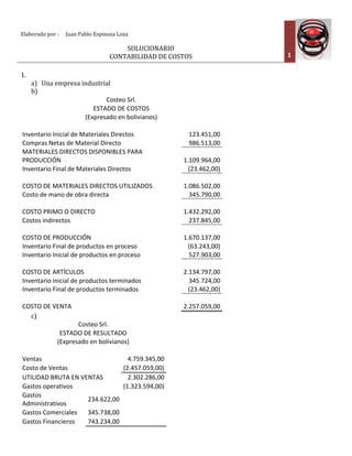 Elaborado	
  por	
  :	
  	
   Juan	
  Pablo	
  Espinoza	
  Loza	
  
	
  
SOLUCIONARIO	
  
CONTABILIDAD	
  DE	
  COSTOS	
   1	
  
	
  
1.	
  
a) Una	
  empresa	
  industrial	
  
b) 	
  
Costeo	
  Srl.	
  
ESTADO	
  DE	
  COSTOS	
  
(Expresado	
  en	
  bolivianos)	
  
	
   	
  Inventario	
  Inicial	
  de	
  Materiales	
  Directos	
   	
  123.451,00	
  	
  
Compras	
  Netas	
  de	
  Material	
  Directo	
   	
  986.513,00	
  	
  
MATERIALES	
  DIRECTOS	
  DISPONIBLES	
  PARA	
  
PRODUCCIÓN	
  
	
  
1.109.964,00	
  	
  
Inventario	
  Final	
  de	
  Materiales	
  Directos	
   (23.462,00)	
  	
  
COSTO	
  DE	
  MATERIALES	
  DIRECTOS	
  UTILIZADOS	
  
	
  
1.086.502,00	
  	
  
Costo	
  de	
  mano	
  de	
  obra	
  directa	
   	
  345.790,00	
  	
  
COSTO	
  PRIMO	
  O	
  DIRECTO	
  
	
  
1.432.292,00	
  	
  
Costos	
  indirectos	
   	
  237.845,00	
  	
  
COSTO	
  DE	
  PRODUCCIÓN	
  
	
  
1.670.137,00	
  	
  
Inventario	
  Final	
  de	
  productos	
  en	
  proceso	
   	
  (63.243,00)	
  	
  
Inventario	
  Inicial	
  de	
  productos	
  en	
  proceso	
   527.903,00	
  	
  
COSTO	
  DE	
  ARTÍCULOS	
  
	
  
2.134.797,00	
  	
  
Inventario	
  inicial	
  de	
  productos	
  terminados	
   	
  345.724,00	
  	
  
Inventario	
  Final	
  de	
  productos	
  terminados	
   (23.462,00)	
  	
  
COSTO	
  DE	
  VENTA	
  
	
  
2.257.059,00	
  	
  
c) 	
  
Costeo	
  Srl.	
  
ESTADO	
  DE	
  RESULTADO	
  
(Expresado	
  en	
  bolivianos)	
  
	
   	
   	
  Ventas	
  
	
  
4.759.345,00	
  
Costo	
  de	
  Ventas	
   (2.457.059,00)	
  
UTILIDAD	
  BRUTA	
  EN	
  VENTAS	
   2.302.286,00	
  
Gastos	
  operativos	
   (1.323.594,00)	
  
Gastos	
  
Administrativos	
  
234.622,00	
  
	
  Gastos	
  Comerciales	
   345.738,00	
  
	
  Gastos	
  Financieros	
   743.234,00	
   	
  	
  
 