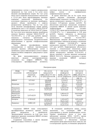 28532
4
эритроцитарных клетках и широты распределения
эритроцитов на 1-ые сутки и 3-и сутки после
введения циклофосфамида натрия. На 1-ые сутки
имело место снижение вышеуказанных показателей
в 1,2-1,6 раза. Были зарегистрированы значимые
изменения показателей тромбоцитов, что
естественно отразилось на значениях тромбокрита,
среднего объема тромбоцитов и широты
распределения тромбоцитов. Уже на 1-ые сутки
после введения циклофосфомида натрия уровень
тромбоцитов упал в 1,91 (р≤0,05) с 660,0±122,0·109
(у интактных животных) до 345,0±126,0·109
/л крови.
На 3-ьи сутки после введения уровень тромбоцитов
снизился базового значения 660,0±122,0·109
до
74,5±39,5·109
/л, т.е. в 8,85 раза (р≤0,01). Данный
показатель считается критическим и
характеризуется спонтанными внутриполостными
кровотечениями и другими гемофилитическими
нарушениями.
Таким образом, циклофосфамид вызвал
миелосупрессию и наиболее чувствительными
клетками являлись лейкоцитарные клетки и
тромбоциты. Среди лейкоцитарных клеток в первую
очередь погибали лимфоциты, гранулоциты и далее
моноциты.
На фоне миелодепрессивного синдрома
животным вводили азогетероциклические
соединение под шифром «БИВ-69». Оно
стимулировало пролиферативную активность
клеточных пулов костного мозга и стимулировали
выброс клеток из периферических
лимфомиелоидных органов.
В группе животных уже на 6-е сутки после
первого введения соединения абсолютный
лейкоцитарный показатель составил 6,51±0,4·109
/л,
против контрольного значения 2,79±0,92·109
/л, что
составило 2,33-кратную разницу (р≤0,05). По
абсолютным клеточным показателям лидировало
соединение БИВ-69. В данной группе животных
лимфоцитарный показатель составил
3,53±0,12·109
/л крови против контрольного значения
1,55±0,88·109
/л, т.е. с превышением в 2,28 раза
(р≤0,05). Уровень моноцитов в абсолютном
значении составил 0,32±0,2·109
/л против
контрольного значения 0,12±0,1·109
/л.
Максимальные значения абсолютного показателя
гранулоцитарных лейкоцитов активного соединения
БИВ-69 составил 2,65±0,06·109
/л против
контрольного значения 1,13±0,14·109
/л, превышая в
2,35 раза (р≤0,05). Коррелирование абсолютного
значения с относительным показателем крови
выражалось в показателе гранулоцитов 40,8±0,9%
против контрольного значения 33,35±9,35% и
против значений в группах введения соединений
БИВ-69 29,5±3,1%. Значения моноцитов в группе
введения соединения БИВ-69 составило
0,32±0,2·109
/л крови.
Таблица 1
Лекограмма крови
Шифр
соединения
Общий
лейкоцитарный
показатель
(WBC, ·109
/л)
Абс. кол-во
гранулоцитов
(GRA.·109
/л) отн. кол-
во гранулоцитов (GR,
%)
Абс. кол-во
лимфоцитов
(LYM, -109
/л) отн.
кол-во лимфоцитов
(LY, %)
Абс. кол-во
моноцитов
(MID, -109
/л) отн.
кол-во моноцитов
(Ml, %)
БИВ-69 6,51±0,0 2,65±0,06
40,8±0.9
3,53±0,12
54,3±1,8
0,32±0,2
4,9±2,8
Интактные 9,1±2,51 3,64±0,9
40,0±1,4
5,46±1,1
60,0±0,7
0,50±0,00
6,0±0,4
Иммунодеп-
рессия 1 сут.
наблюдения
4,15±1,2
1,330±0,180
33,55±4,45
2,455±0,745
58,95±0,85
0,365±0,285
7,05±4,6
Иммунодеп-
рессия 3 сут.
наблюдения
2,675±0,535
0,685±0,355
23,75±8,55
1,985±0,175
75,65±8,55
0,015±0,005
0,6±0,0
Контроль 2,785±0,92 1,125±0,135
43,35±9,35
1,545±0,875
50,65±14,65
0,П5±0,095
6,0±5,3
Левамизол 2,800±1,03 1,135±0,135
44,35±2,31
1,525±0,875
53,22±15,32
0,201±0,125
5,90±2,31
Соединение БИВ-69 также стимулировало
пролиферативную активность красных клеток
крови: эритроцитов и тромбоцитов.
Эритроцитарный показатель на 6-ой день после
первичного введения соединения БИВ-69 составил
6.52±0.00·1012
/л крови.
Содержание гемоглобина в группе введения
БИВ-69 составило 110.0±0.5 г/л крови.
В отношении тромбоцитов можно сделать
заключение, что соединение БИВ -69
стимулировало и деление тромбоцитарных клеток.
Уровень тромбоцитов достиг к 6-му дню
наблюдения значения 509.0± 1.0·109
/л против
контрольного значения 447.0±51.0·109
/л (табл. 2).
Относительные и абсолютные значения
лейкограммы крови практически были такие же, как
и в контрольных группах; в отношении эритроцитов
 