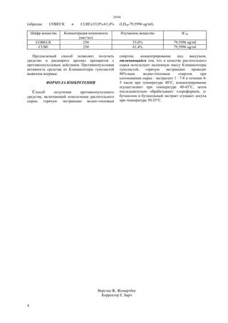 28546
4
(образцы СОВЕСК и CLBE)-53,0%-61,4% (LD50-79,5996 ug/ml).
Шифр вещества Концентрация компонента
(мкг/мл)
Изучаемое вещество IС50
СОВЕСК 250 53,0% 79,5996 ug/ml
CLBE 250 61,4% 79,5996 ug/ml
Предлагаемый способ позволяет получить
средство и расширить арсенал препаратов с
противоопухолевым действием. Противоопухолевая
активность средства из Климакоптеры туполистой
выявлена впервые.
ФОРМУЛА ИЗОБРЕТЕНИЯ
Способ получения противоопухолевого
средства, включающий измельчение растительного
сырья, горячую экстракцию водно-этиловым
спиртом, концентрирование под вакуумом,
отличающийся тем, что в качестве растительного
сырья используют надземную массу Климакоптеры
туполистой, горячую экстракцию проводят
80%-ным водно-этиловым спиртом при
соотношении сырье : экстрагент 1 : 7-8 в течении 4-
5 часов при температуре 40°С, концентрирование
осуществляют при температуре 40-45°С, затем
последовательно обрабатывают хлороформом, н-
бутанолом и бутанольный экстракт сгущают досуха
при температуре 50-55°С.
Верстка Ж. Жомартбек
Корректор Е. Барч
 