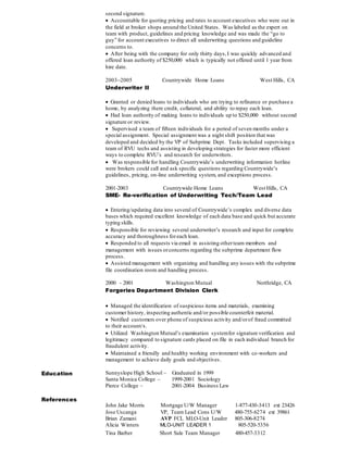 second signature.
Accountable for quoting pricing and rates to account executives who were out in
the field at broker shops around the United States. Was labeled as the expert on
team with product, guidelines and pricing knowledge and was made the “go to
guy” for account executives to direct all underwriting questions and guideline
concerns to.
After being with the company for only thirty days,I was quickly advanced and
offered loan authority of $250,000 which is typically not offered until 1 year from
hire date.
Countrywide Home Loans West Hills, CA
Underwriter II
Granted or denied loans to individuals who are trying to refinance or purchase a
home, by analyzing there credit, collateral, and ability to repay each loan.
Had loan authority of making loans to individuals up to $250,000 without second
signature or review.
Supervised a team of fifteen individuals for a period of seven months under a
special assignment. Special assignment was a night shift position that was
developed and decided by the VP of Subprime Dept. Tasks included supervising a
team of RVU techs and assisting in developing strategies for faster more efficient
ways to complete RVU’s and research for underwriters.
 Was responsible for handling Countrywide’s underwriting information hotline
were brokers could call and ask specific questions regarding Countrywide’s
guidelines, pricing, on-line underwriting system, and exceptions process.
2001-2003 Countrywide Home Loans West Hills, CA
SME- Re-verification of Underwriting Tech/Team Lead
Entering/updating data into several of Countrywide’s complex and diverse data
bases which required excellent knowledge of each data base and quick but accurate
typing skills.
Responsible for reviewing several underwriter’s research and input for complete
accuracy and thoroughness foreach loan.
Responded to all requests via email in assisting otherteam members and
management with issues orconcerns regarding the subprime department flow
process.
Assisted management with organizing and handling any issues with the subprime
file coordination room and handling process.
2000 - 2001 Washington Mutual Northridge, CA
Forgeries Department Division Clerk
Managed the identification of suspicious items and materials, examining
customer history, inspecting authentic and/or possible counterfeit material.
Notified customers over phone of suspicious activity and/orof fraud committed
to their account/s.
Utilized Washington Mutual’s examination systemfor signature verification and
legitimacy compared to signature cards placed on file in each individual branch for
fraudulent activity.
Maintained a friendly and healthy working environment with co-workers and
management to achieve daily goals and objectives.
Education Sunnyslope High School – Graduated in 1999
Santa Monica College – 1999-2001 Sociology
Pierce College – 2001-2004 Business Law
References
John Jake Morris Mortgage U/W Manager 1-877-430-3413 ext 23426
Jose Uscanga VP, Team Lead Cons U/W 480-755-6274 ext 39861
Brian Zamani AVP FCL MLO-Unit Leader 805-306-8274
Alicia Winters MLO-UNIT LEADER 1 805-520-5356
Tina Barber Short Sale Team Manager 480-457-3312
 