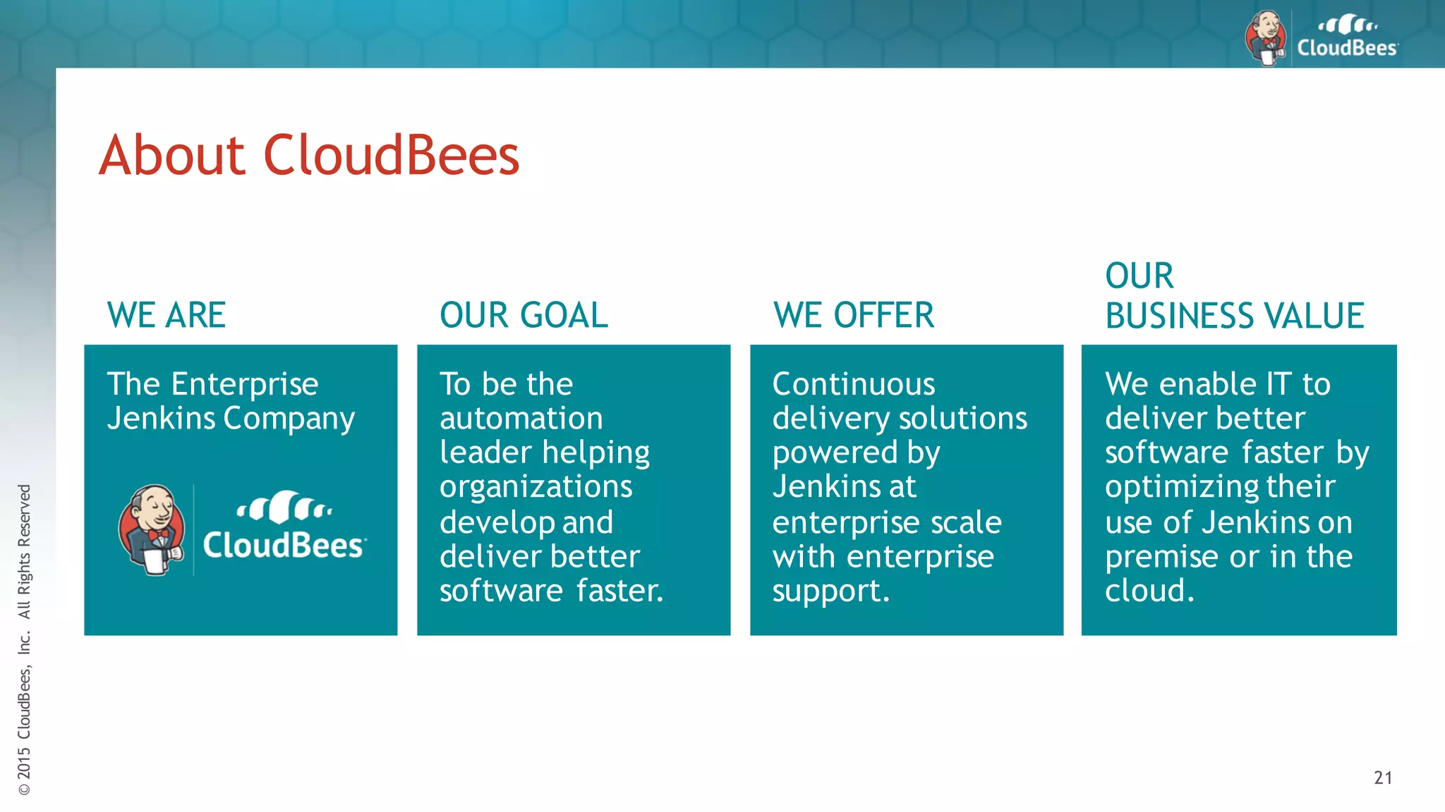 ©2015CloudBees,Inc.AllRightsReserved
21
About CloudBees
WE ARE
The Enterprise
Jenkins Company
OUR GOAL
To be the
automation
leader helping
organizations
develop and
deliver better
software faster.
WE OFFER
Continuous
delivery solutions
powered by
Jenkins at
enterprise scale
with enterprise
support.
OUR
BUSINESS VALUE
We enable IT to
deliver better
software faster by
optimizing their
use of Jenkins on
premise or in the
cloud.
 