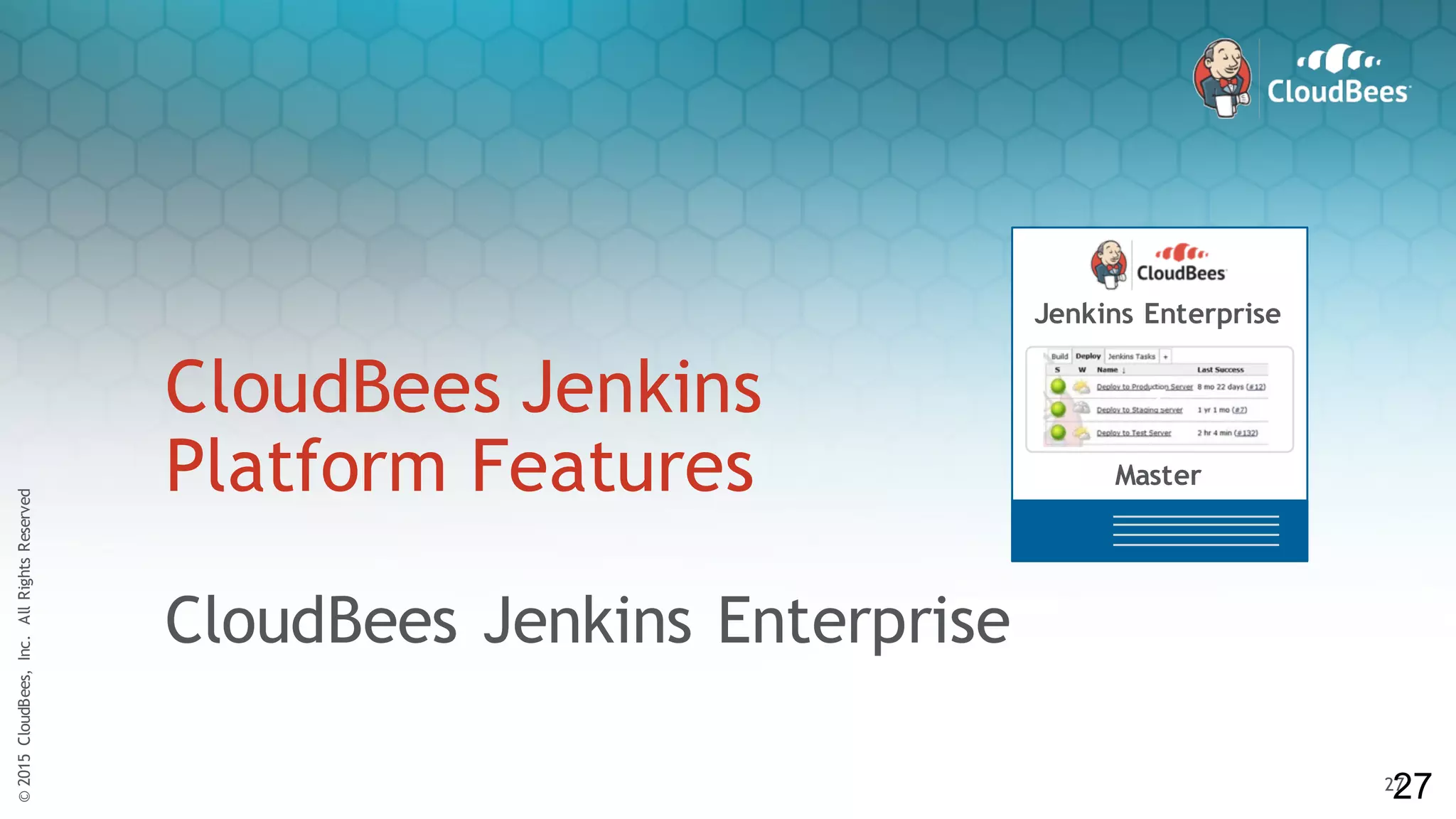 ©2015CloudBees,Inc.AllRightsReserved
27
©2015CloudBees,Inc.AllRightsReserved
27
CloudBees Jenkins
Platform Features
CloudBees Jenkins Enterprise
27
Jenkins Enterprise
Master
z
 