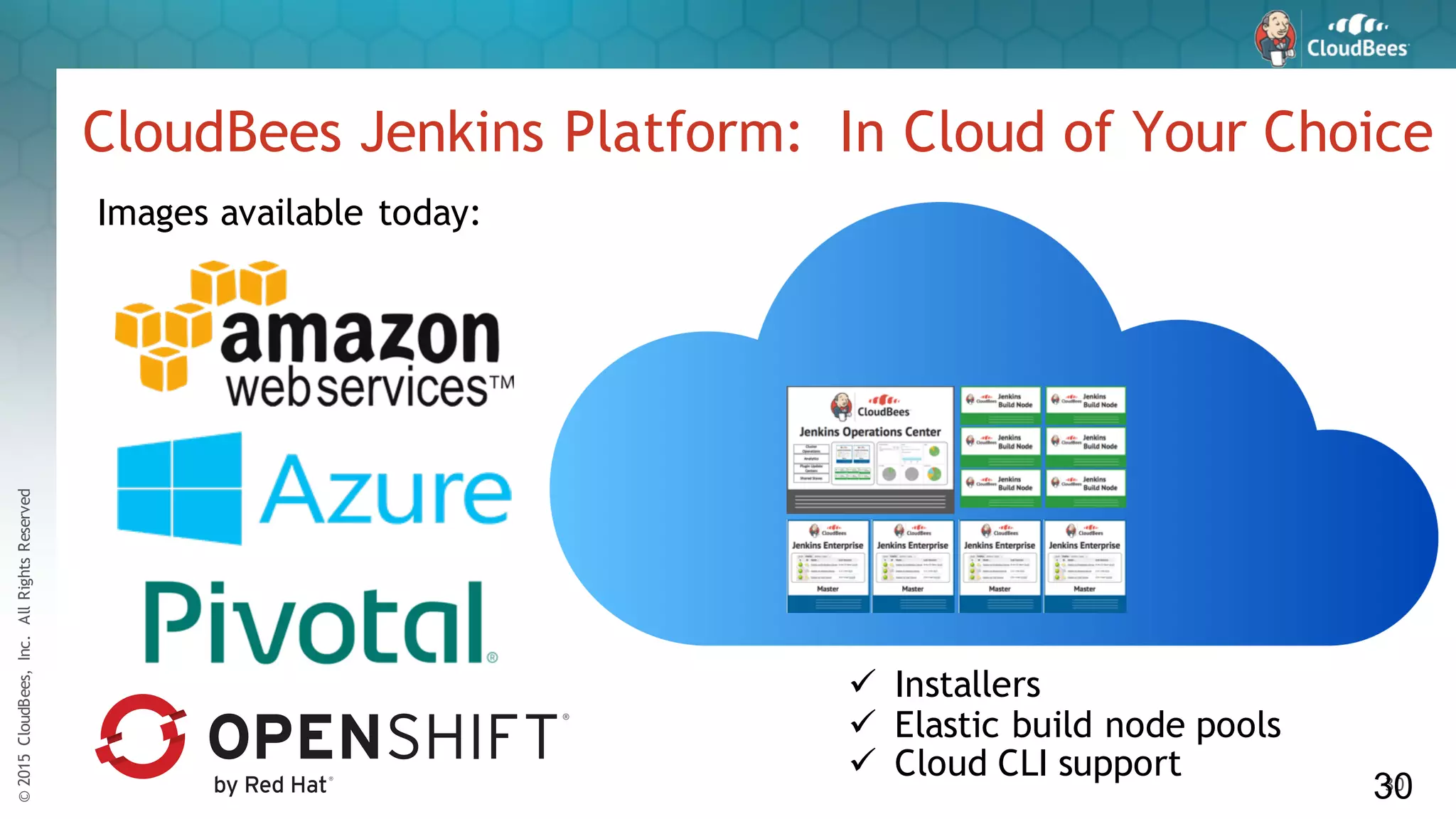 ©2015CloudBees,Inc.AllRightsReserved
30
CloudBees Jenkins Platform: In Cloud of Your Choice
30
Images available today:
ü Installers
ü Elastic build node pools
ü Cloud CLI support
 