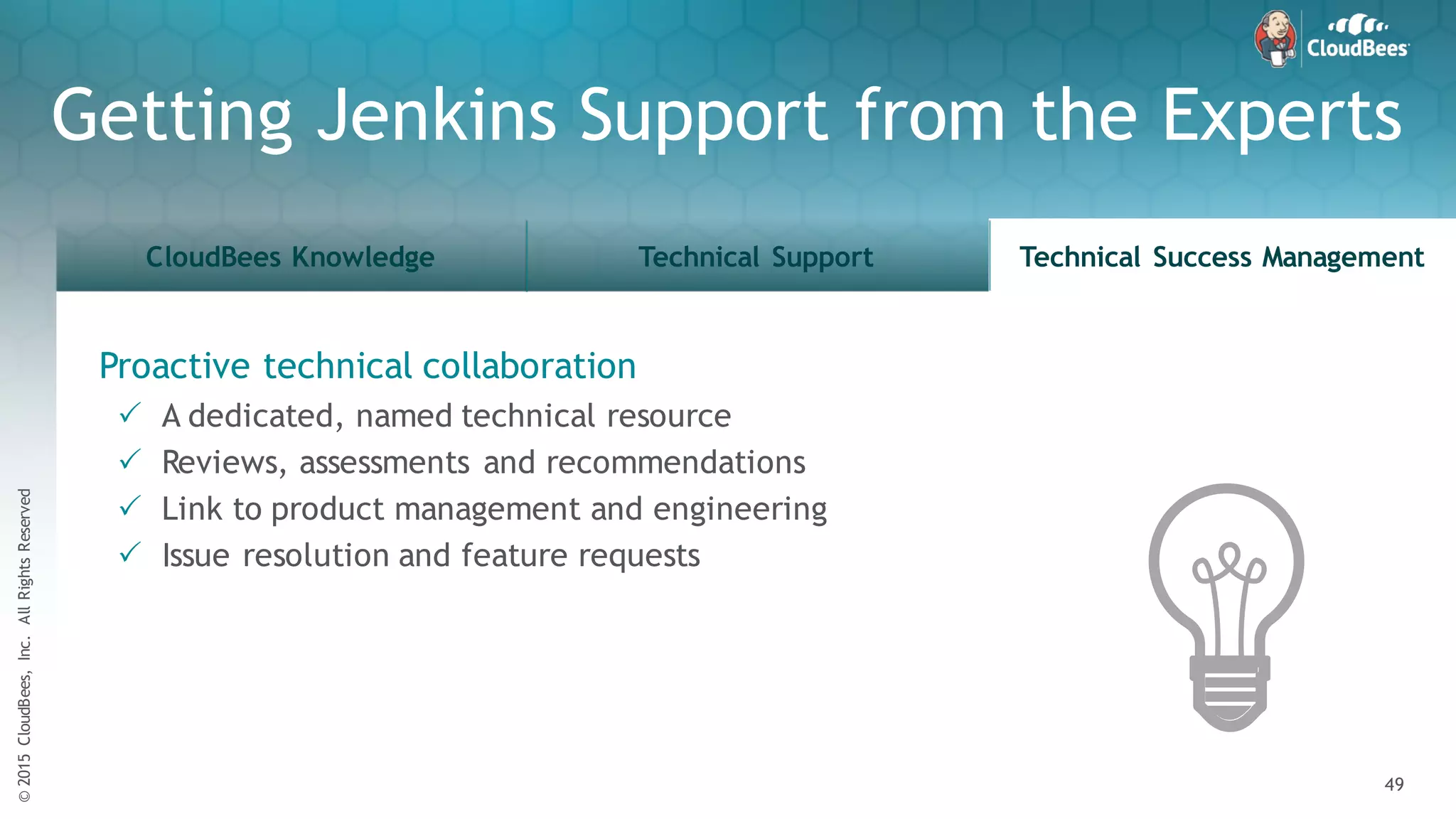 ©2015CloudBees,Inc.AllRightsReserved
49
©2015CloudBees,Inc.AllRightsReserved
49
©2015CloudBees,Inc.AllRightsReserved
Getting Jenkins Support from the Experts
CloudBees Knowledge Technical Support Technical Success Management
49
Proactive technical collaboration
P A dedicated, named technical resource
P Reviews, assessments and recommendations
P Link to product management and engineering
P Issue resolution and feature requests
 