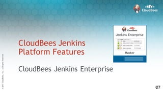 ©2015CloudBees,Inc.AllRightsReserved
27
©2015CloudBees,Inc.AllRightsReserved
27
CloudBees Jenkins
Platform Features
CloudBees Jenkins Enterprise
27
Jenkins Enterprise
Master
z
 