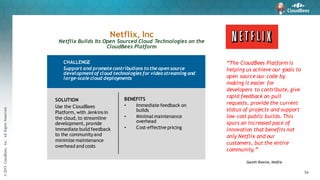 ©2015CloudBees,Inc.AllRightsReserved
56
SOLUTION
Use the CloudBees
Platform, with Jenkinsin
the cloud, to streamline
development, provide
immediate build feedback
to the communityand
minimize maintenance
overhead and costs
Netflix, Inc
Netflix Builds Its Open Sourced Cloud Technologies on the
CloudBees Platform
“The CloudBees Platform is
helping us achieve our goals to
open source our code by
making it easier for
developers to contribute, give
rapid feedback on pull
requests, provide the current
status of projects and support
low cost public builds. This
spurs an increased pace of
innovation that benefits not
only Netflix and our
customers, but the entire
community.”
Gareth Bowles, Netflix
CHALLENGE
Support and promote contributions to the open source
developmentof cloud technologies for video streaming and
large-scale cloud deployments
BENEFITS
• Immediate feedback on
builds
• Minimal maintenance
overhead
• Cost-effective pricing
 