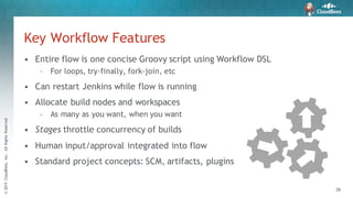 ©2015CloudBees,Inc.AllRightsReserved
38
• Entire flow is one concise Groovy script using Workflow DSL
– For loops, try-fin...