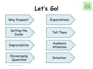 Let’s Go!
Why Present?
Setting the
Scene
Expectations
Intention
Tell Them
Improvisation
Audience
Attention
Encouraging
Questions
www.commutare.org
 