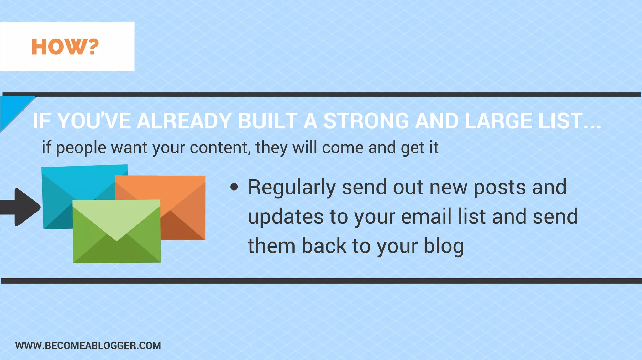 WWW.BECOMEABLOGGER.COM
IF YOU'VE ALREADY BUILT A STRONG AND LARGE LIST...
if people want your content, they will come and get it
HOW?
Regularly send out new posts and
updates to your email list and send
them back to your blog
 