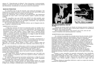adiante (V. "Especificações do Motor"). Para determinar a excentricidade,
coloque a árvore em um bloco em "V". Se as medidas não estiverem dentro
das tolerâncias, recondicione ou substitua a árvore de manivelas.

 MANCAIS PRINCIPAIS
     Os casquilhos são do tipo de inserção, sem calços de ajustagem e são
disponíveis no tamanho padrão ou infra-medida de 0,Ò5 mm (0,002") para
árvores de manivelas novas ou usadas com as medidas
dentro das tolerâncias. Para as árvores recondicionadas, são disponíveis
casquilhos de 0,25, 0,50 e 0,75 mm (0,010, 0,020 e 0,030") de infra-
medida.
      Os casquilhos vem com 0,025 mm (0,001") de sobre-medida, para
obtenção da folga correta. No caso de substituição das capas dos mancais,
talvez sejam necessários calços de ajustagem, laminados, cuja espessura
será determinada pela folga do mancal.                                                                                   Fig. 59-E - Motor' L-4 suspenso
     No caso de substituição do casquilho inferior, que se desgasta mais do                                               com a ferramenta M-680363
que o superior, substitua os dois.                                             Fig. 58-E - Remoção e instalação
                                                                               do casquilho posterior com um
 VERIFICAÇÃO DA FOLGA                                                          alicate.
                                                                                     Proceda do mesmo modo em relação aos demais mancais e depois de
       A folga dos mancais da árvore de manivelas pode ser medida com a         instalados todos os mancais, gire a árvore para verificar se se movimenta
  árvore instalada no motor ou com o motor desmontado. No primeiro caso,        livremente, sem arrasto excessivo.
  force a árvore para cima pelo cubo e a polia (L-4) e pelo compensador              Meça a folga longitudinal, como mostra a fig. 57-E, com um cali-
  harmônico (L-6) e pelo volante e meça a folga entre o mancal inferior         brador de lâminas nos mancais posterior e anterior.
  (capa) e o munhão da árvore. No segundo caso, a árvore fica repousando
  sobre os mancais superiores naturalmente, e a folga se mede do mesmo         SUBSTITUIÇÃO DOS CASQUILHOS
  modo entre o munhão e a capa do mancal.
     A folga se mede pelo método do "Plastigage", estando os mancais e                Se a árvore de manivelas foi retirada (motor fora do veículo), instale
munhões perfeitamente limpos, isentos de óleo.                                 os novos casquilhos depois de selecionados, como já foi descrito. Com a
     Coloque um pedaço do material plástico no munhão, paralelamente a         árvore de manivelas instalada, para substituir todos os casquilhos
árvore, como mostra a fig. 52-E, sem girar a árvore depois da colo-cação.      superiores, menos o do mancal posterior, coloque o sacador-colocador de
Coloque a capa do mancal e aperte-o a torção de 8,300 a 9,650                  casquilhos no furo de lubrificação do munhão ou, na falta deste use um
                                                                               contrapino dobrado. Gire a árvore no sentido de rotação, de modo que o
kgm (60 a 70 lb-pé) . Retire depois a capa e meça a largura maior do
                                                                               casquilho superior deslize para fora. Depois de determinar o tamanho do
plástico com a escala que vem junto com o material, como mostra a fig. 53-     casquilho a ser usado, lubrifique e introduza sua extremidade sem entalhe
E.                                                                             entre a árvore e a extremidade entalhada do bloco. Faça deslizar o
     Se o material plástico se afinar para o centro ou para as extremidades,   casquilho para seu lugar e retire a ferramenta. Para retirar o casquilho
o munhão apresenta tonicidade, achatamento ou outra falha do mancal ou         superior do mancal posterior, cujo munhão não possui furo de
do munhão. Se a diferença fôr superior a 0,025 mm (0,001"), faça a             lubrificação, desloque para fora o casquilho com auxílio de um pino
medição com um micrômetro, com a árvore retirada. Os munhões quase             sacador pequeno e um martelo. Com um alicate com as mandíbulas
nunca apresentam ovalização, mas se tal ocorrer, escolha o casquilho de        encapadas, prenda a borda do casquilho e gire a árvore para retirá-lo. (Fig.
acordo com o diâmetro maior.                                                   58-E)
       Se a folga estiver dentro do limite de tolerância, que é de 0,001 mm         Coloque o novo casquilho de tamanho selecionado, bem lubrificado,
  (0,004") instale os casquilhos, mas se fôr superior ao limite, substitua o   pela extremidade lisa, sem entalhe, entre a árvore de manivelas e a
  par de casquilhos.                                                           extremidade entalhada do bloco. Use novamente o alicate mencionado para
     No caso da capa do mancal necessitar substituição e a folga fôr menor     introduzir o casquilho no lugar. Note-se que nos últimos 6 mm pode-se
do que 0,025 mm (0,001"), não havendo rebarbas nem cortes, empregue            segurar com o alicate apenas o defletor ou batê-lo no lugar com um
calços da espessura conveniente entre a capa e o bloco.                        punção.
     Casquilho com 0,05 mm (0,002") de infra-medida poderá ser usado                Coloque depois os casquilhos inferiores e aperte as capas dos mancais
para que se obtenha a folga prescrita. Se, mesmo assim, não se conseguir       conforme as especificações.
a folga certa, retifique o munhão para a infra-medida seguinte.
 