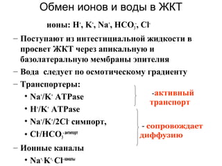 Обмен ионов и воды в ЖКТ
ионы: H+, K+, Na+, HCO3-, Cl– Поступают из интестициальной жидкости в
просвет ЖКТ через апикальную и
базолатеральную мембраны эпителия
– Вода следует по осмотическому градиенту
– Транспортеры:
-активный
• Na+/K+ ATPase
транспорт
+
+
• H /K ATPase
• Na+/K+/2Cl- симпорт,
- сопровождает
• Cl-/HCO3- антипорт
диффузию
– Ионные каналы
• Na+, K+, Cl- каналы

 