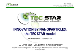 TEC STAR S.r.l.
Viale Europa, 40 – 41011 Campogalliano (MO), Italy
Tel. +39059 527775 – Fax +39059 527773
TEC STAR: your FULL partner in nanotecnology
Complete problem solving service: from the analysis of the “state of the art” to the industrial supply
of nanoparticles
INNOVATION BY NANOPARTICLES:
the TEC STAR model
Dr. Alberto Borghi – President | CEO
 