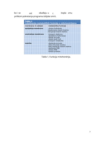 7
ko i se osl obađaju u c itopla zmu
prilikom pokretanja programa ćelijske smrti.
Tabla 1. Funkcija mitohondrija.
 
