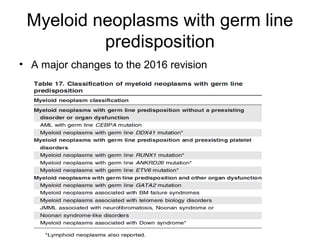 Myeloid neoplasms with germ line
predisposition
• A major changes to the 2016 revision
 