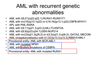 AML with recurrent genetic
abnormalities
• AML with t(8;21)(q22;q22.1);RUNX1-RUNX1T1
• AML with inv(16)(p13.1q22) or t(16;16)(p13.1;q22);CBFB-MYH11
• APL with PML-RARA
• AML with t(9;11)(p21.3;q23.3);MLLT3-KMT2A
• AML with t(6;9)(p23;q34.1);DEK-NUP214
• AML with inv(3)(q21.3q26.2) or t(3;3)(q21.3;q26.2); GATA2, MECOM
• AML (megakaryoblastic) with t(1;22)(p13.3;q13.3);RBM15-MKL1
• .
• AML with mutated NPM1
• AML with biallelic mutations of CEBPA
• .
Provisional entity: AML with BCR-ABL1
Provisional entity: AML with mutated RUNX1
 