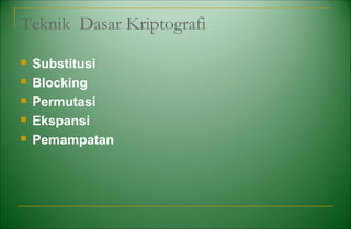 Teknik Dasar Kriptografi
 Substitusi
 Blocking
 Permutasi
 Ekspansi
 Pemampatan
 