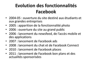 Evolution des fonctionnalités
Facebook
• 2004-05 : ouverture du site destiné aux étudiants et
aux grandes entreprises
• 2005 : apparition de la fonctionnalité photo
• 2006 : ouverture du site au grand public
• 2006 : lancement du newsfeed, de l’accès mobile et
des applications
• 2007 : lancement de Facebook ads
• 2008 : lancement du chat et de Facebook Connect
• 2010 : lancement de Facebook places
• 2011 : lancement de Facebook bon plans et des
actualités sponsorisées
 