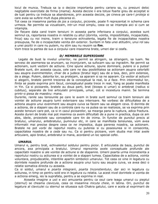 locul de munca. Trebuia sa ia o decizie importanta pentru cariera sa, cu presiuni deloc
neglijabile exercitate de firma (mama). Acesta decizie ii era totusi foarte greu de acceptat si
de luat pentru ca trebuia sa abandoneze, prin aceasta decizie, pe cineva pe care-l proteja si
care avea sa sufere mult dupa plecarea ei.
Tot ceea ce inseamna partea de jos a corpului, piciorele, poate fi reprezentat in schema care
urmeza. Ne permite sa vizualizam, intr-un mod simplu, ceea ce se intampla aici si cum se
intampla.
De fiecare data cand traim tensiuni in aceasta parte inferioara a corpului, acestea sunt
semnul ca, raportarea noastra in relatiile cu altul (dorinta, vointa, imposibilitate, incapacitate,
frica) sau cu noi insine, traim o tensiune echivalenta, legata fie de incapacitatea noastra
presupusa, fie de o incapacitate venita din exterior. Suntem in fata unei atitudini, unui rol sau
a unei pozitii in care nu putem, nu stim sau nu reusim sa fim.
Vom trece la partea de sus a corpului care inseamna brate, umeri dar si ceafa.

                                 D/ MEMBRELE SUPERIOARE
    Legate de bust la nivelul umerilor, ne permit sa atingem, sa strangem, sa luam. Ne
servesc de asemenea sa aruncam, sa inconjuram, sa sufocam sau sa ingradim. Ne permit sa
actionam, sunt vectorii de actiune. Cine spune actiune, spune dominare, putere si a putea!
Bratele sunt, din aceasta cauza, cele care ne dau posibilitatea sa actionam asupra celorlalti
sau asupra evenimentelor, chiar de a judeca (bratul legii) sau de a taia, deci, prin extensie,
de a alege. Putem, datorita lor, sa protejam, sa aparam si sa ne aparam. Ca vector al actiunii
si alegerii, bratele permit trecerea de la conceptual la real, la a face. Prin intermediul lor,
fiinta se poate exprima prin facut, conceptualul poate trece in real, Yang se poate manifesta
in Yin. Ca si picioarele, bratele au doua parti, brat (biceps si umar) si antebrat (radius si
cubitus), separate de trei articulatii principale, umar, cot si inceietura mainii. Se termina
printr-o piesa de maestru: mana.
Durerile, ranile sau tensiunile pe care le avem in brate sunt semnul ca traim tensiuni ale
vointei de actiune asupra lumii exterioare sau interioare. Ne vorbesc de dificultatea de a
actiona asupra unui eveniment sau asupra cuiva sa facem sau sa alegem ceva. O dorinta de
a actiona, de a stapani sau de a controla care nu va putea sa se realizeze, se va exprima prin
aceste tensiuni care pot, ca si in cazul picioarelor, sa mearga pana la ruptura, adica fractura.
Aceste dureri de brate mai pot insemna ca avem dificultati de a pune in practica, dupa ce am
ales, ideile, proiectele sau conceptele care tin de inima. In functie de punctul precis al
bratului, umarului, antebratului, pumnului etc, in care se manifesta tensiunea, vom avea
informatii mai precise despre ceea ce ne impiedica, dupa parerea noastra, sa actionam.
Bratele ne pot vorbi de raportul nostru cu puterea si cu posesiunea si in consecinta,
capacitatea noastra de a ceda sau nu. Ca si pentru picioare, vom studia mai intai axele
articulare, apoi bratul, antebratul si mana, acordand un loc special cefei.

   UMARUL
Umarul e, pentru brat, echivalentul soldului pentru picior. E articulatia de baza, punctul de
ancora, axa principala a bratului. Umarul reprezinta axele conceptuale profunde ale
capacitatii noastre si ale vointei de actiune si de stapanire. Umerii poarta urma inconstienta a
raportului nostru cu actiunea si a vointei de a stapani lumea. Capacitatea de a actiona, vointa
voluntara, prejudecatile, intentiile apartin simbolicii umarului. Tot ceea ce vine in legatura cu
dorintele noastre profunde de a actiona asupra unui lucru sau asupra cuiva, va avea deci o
relatie somatica directa cu aceasta.
Ca si soldul, umarul e poarta integrarii, poarta Inconstientului, dar aici in legatura cu
actiunea, in timp ce pentru sold era in legatura cu relatia. La acest nivel dorintele si vointa de
a actiona emerg, ies la suprafata, pentru a se exprima in real.
       Aceasta imagine a usii e aici amuzanta pentru ca osul care leaga umarul cu pieptul
(sternul) se cheama clavicula, ceea ce inseamna micuta cheie, in latina. Ori, punctul de
legatura al claviculei cu sternul se situeaza sub Chakra gatului, care e acela al exprimarii de

                                                                                                20
 