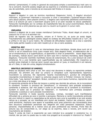 elimina’ (amenintare). E vorba in general de evacuarea simpla a evenimentului trait care nu
ne-a convenit. Durerile acestui deget pot sa exprime si o tendinta excesiva de a da directive
sau de autoritate, care e nevoita sa se evacueze dat fiindca e in exces.

   MAJORUL
Majorul e degetul in care se termina meridianul Stapanului Inimii. E degetul structurii
interioare, al guvernarii interioare a lucrurilor si chiar a sexualitatii (“puterea”asupra altora
care aduce placere, ofera placere sinelui). E degetul care reprezinta satisfactia evenimentului
trait si al actiunii pe care o exercitam asupra lumii si al carei rezultat ne aduce satisfactie.
Tensiunile manifestate aici ne vorbesc de insatisfactiile fata de cursul evenimentelor, fata de
dificultatile de a simti placerea sau pe care nu reusim sa le geram in cursul vietii.

   INELARUL
Inelarul e degetul de la care incepe meridianul Caminului Triplu. Acest deget al uniunii, al
coeziunii lor in noi si al asimilarii lor.
Inelul de logodna sau de casatorie, oricare ar fi forma lui, se pune pe acest deget.
Traumatismele sau patologiile acestui deget ne vorbesc de dificultatea noastra de a “uni”, de
a unifica in noi sau in jurul nostru. Ne vorbeste de dificultatea noastra de a crea o coerenta
intre toate partile noastre si ale vietii noastre pt a-i da un sens acesteia.

   DEGETUL MIC
Degetul mic este singurul in care se intersecteaze doua meridiane. Aceste doua sunt cel al
Inimii si cel al Intestinului Gros (care incepe aici). Este degetul finetii, al elaboratului dar si
cel al emotionalului si al superficialului, al aparentei si chiar al pretentiilor. Acest deget este,
de exemplu, redicat atunci cand dorim sa bem ceai intr-o maniera mondena, dand eleganta
degetului. Tensiunile resimtite manifesta nevoia de exteriorizare, fie a unei tensiuni de ordin
emotional, fie a unei tendinte spre superficialitate sau de subiectivitate. Ele inseamna ca
suntem prea implicati in rolul pe care-l jucam sau parem a-l juca, si insuficient in cel natural,
de a fi. Este, in cele din urma, degetul emotionalului.

   BRATELE (BICEPSII SI UMERII)
Bratul se situeaza intre umar si cot. Am vazut mai devreme in detaliu ce reprezinta ambele
articulatii. Sa amintim aici doar ca umarul si omoplatul sunt reprezentarea raportului
inconstient cu actiunea. Ele reprezinta “poarta inconstientului”, punctul de emergenta,
resurgenta inconstientului in raport cu actiunea asupra lumii si fiintelor (inclusiv noi insine).
Cotul este, “usa, bariera” acceptarii. Bratul, construit in jurul osului humerus, reprezinta ceea
ce e intre cele doua si le leaga.
El reprezinta proiectia de la faza de trecere a vointei sau dorintei de actiune, de la inconstient
la constient. Suntem in procesul de “densificare”, in momentul care precede acceptarea
constienta a acestuia. Dar mai poate fi vorba si de trecerea de la constient la inconstient.
Suntem in acest caz in procesul de “eliberare”, in momentul care urmeaza acceptarii
constiente a acestuia si care precede inconstientul.
Tensiunile resimtite in brate (puncte dureroase, crampe, nevralgii) sunt manifestarea
dificultatii de a actiona pe care o resimte o persoana. Memoria si ranile inconstiente profunde
ale unui individ in raport cu capacitatea sa de actiune care urca la suprafata si pe care acesta
refuza sa o accepte, se vor manifesta prin dureri ale bratelor, fracturi ale umarului, atunci
cand amintirile, memoria care apare la suprafata sunt prea puternice sau bulverseaza prea
tare structura credintelor personale sau alegerile din viata persoanei respective. Esecul
personal, imposibilitatea de a realize ceva pe plan profesional sau familial, fricile fata de
actiune sau de consecintele ei, vor alege sa se exprime, daca e nevoie, prin dureri sau
traumatisme ale bratelor.
Poate fi vorba de trairi si experiente pe care individul le-a acceptat in onstientul lui, in
mental, dar pe care nu poate sau nu este inca pregatit sa le accepte in interiorul lui. Poate fi

                                                                                                 25
 