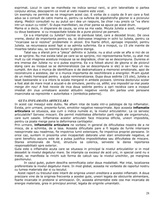 exprimat. Locul in care se manifesta ne indica sensul ranii, si prin lateralitate si partea
corpului atinsa, descoperim ce nivel al vietii noastre este vizat.
Un exemplu ne permite sa ne imaginam acest caz. E vorba de o copila de 9 ani care a fost
adus sa o consult de catre mama ei, pentru ca suferea de algodistrofia gleznei si a piciorului
stang. Medicii consultati nu au putut sa-i dea un raspuns, ba chiar i-au prezis ca “va sfarsi
intr-un scaun cu rotile”. Si dupa manifestari, ea chiar parea sa apuce pe acest drum.
Mama ei a decis, in disperare de cauza, sa vina sa ma vada. Micuta Julieta a sosit, mergand
cu doua bastoane si cu incapacitate totala de a pune piciorul pe pamant.
       Ce s-a intamplat cu Julieta? tocmai isi pierduse tatal, care a decedat brusc. De ceva
vreme, destul de importanta pentru ea, isi distrusese imaginea in ochii lui Julieta, pentru ca
“incarcase sa-si rezolve” problemele in alcool. Era foarte dificil, aproape imposibil, pentru
Julieta. sa recunoasca acest fapt si sa admita suferinta. Ea a inceput, cu 15 zile inainte de
moartea tatalui sau, sa resimta dureri la glezna stanga.
       Tatal sau a sfarsit prin a “pleca” definitiv si Julieta. nu a stiut unde se afla si nici de ce
sa se sprijine. Nu mai exista tatal pe care sa se sprijine, nici reprezentarea fortei, cu atat mai
mult cu cat imaginea acestuia incepuse sa se degradeze, chiar sa se descompuna. Durerea ei
era imensa dar Julieta nu si-o putea exprima. Ea s-a folosit atunci de glezna si de piciorul
stang care au inceput sa se demineralizeze (sa se descompuna si ele) si sa-i faca un rau
cumplit. Am dus o munca de identificare si de dedramatizare a memoriei emotionale, apoi de
reconstruire a acesteia, dar si o munca importanta de reechilibrare a energiilor. M-am ajutat
de un medic homeopat pentru a ajuta remineralizarea. Dupa doua sedinte (15 zile), Julieta a
lasat bastoanele si s-a intors la scoala mergand in ambele picioare. Uimirea doctorului scolar
a fost atat de mare incat a acuzat-o de simulare, pentru ca, altfel, era imposibil sa mai poata
merge din nou! A fost nevoie de inca doua sedinte pentru a opri recidiva care a inceput
imediat din ziua urmatoare acestei atitudini negative venita din partea unei persoane
insarcinata sa reprezinte « autoritatea » (simbolica paterna).

  GUTA /INFLAMATIA ARTICULARA
In acest caz mesajul este dublu. Ne aflam intai de toate intr-o patologie de tip inflamator.
Exista, prin urmare, prezenta furiei, emotiilor negative neexprimate. Apoi aceasta inflamatie
articulara se situeaza, asa cum o indica numele ei, la nivelul articulatiilor. La ce servesc
articulatiile? Servesc miscarii. Ele permit mobilitatea diferitelor parti rigide ale organismului,
care sunt oasele. Inflamarea acestor articulatii face miscarea dificila, uneori imposibila,
pentru ca poate merge pana la deformarea cartilajelor.
Prin urmare, inflamatiile articulare ne vorbesc in general de dificultatea noastra de a ne
misca, de a schimba, de a lasa. Aceasta dificultate pare a fi legata de furiile interioare
neexprimate sau neadmise, fie impotriva lumii exterioare, fie impotriva propriei persoane. In
orice caz, suntem in prezenta unei incapacitati datorate unei stari emotionale negative, al
carei beneficiu ascuns este de a putea justifica imposibilitatea sau dificultatea de miscare.
Starea emotionala de fond, structura sa colerica, serveste la darea reportarea
responsabilitatii spre exterior.
Guta este o inflamatie acuta care se situeaza in principal la nivelul articulatiilor si in mod
deosebit la nivelul degetului mare. Se intampla ca excesul de acid uric, in special cand nu e
tratat, se manifesta la rinichi sub forma de calculi sau la nivelul urechilor, pe marginea
pavilionului.
       In cazul gutei, putem descifra semnificatia celor doua modalitati. Mai intai, localizarea
preferentiala la nivelul degetului mare. In mod global, aceasta ne vorbeste de raportul nostru
cu lumea materiala dar si cu tecutul.
  Acest raport cu trecutul este intarit de originea uneori ereditara a acestei inflamatii. A doua
precizare vine de la originea frecventa a acestei gute, uneori legata de obiciuirile alimentare,
foarte incarcate in proteine si aminoacizi. Or, aceasta alimentatie este cea mai incarcata de
energie materiala, grea in principiul animal, legata de originile umanitatii.


                                                                                                  28
 