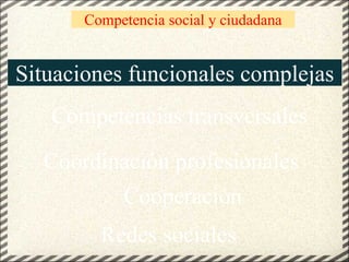 Situaciones funcionales complejas Competencias transversales Coordinación profesionales Redes sociales Cooperación Competencia social y ciudadana 