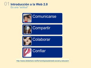 Introducción a la Web 2.0 Es una “actitud” 01 http://www.slideshare.net/fernandoposada/web-social-y-educacin 