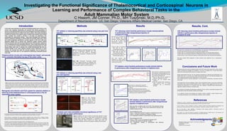 Department of Neurosciences, UC San Diego; Veterans Affairs Medical Center, San Diego, CA
Investigating the Functional Significance of Thalamocortical and Corticospinal Neurons in
Learning and Performance of Complex Behavioral Tasks in the
Adult Mammalian Motor System
C Hissom, JM Conner, Ph.D., MH Tuszynski, M.D./Ph.D.
Forelimb reach task exemplifies functional significance of TCT
and CST akin to motor performance
Figure 6: Eighteen rats were trained one week post injection in distal
forelimb reach task to obtain a sugar pellet by extending the forelimb
through panel opening. Performance is quantified by recording
successful attempts; extend forelimb and retract sugar pellet, and
unsuccessful attempt; reach but miss pellet or inability to retract pellet.
Results
Acknowledgments
Supported by the NIH in part by a MARC U-STAR Award (T34GM087193),
The Veterans Administration
LSAMP/CAMP
Academic Enrichment Programs.
References
Cruikshank SJ., Urabe H., Nurmikko Av., and Connors BW.(2009) Pathway-Specific Feedforwardcircuits between Thalamus
and Neocortex Revealed by Selective OpticalStimulation of Axons. Neuron 65.2: 230-45.
Inoue KI., Koketsu D., Kato S., Kobayashi K., Nambu A., Takada M. (2012) Immunotoxin mediated tract targeting in the
primate brain: selective elimination of the cortico subthalamic ‘‘hyperdirect’’ pathway. PLoS ONE 7.6: e39149.
Zhu, Hu, and Bryan L. Roth. "DREADD: a chemogenetic GPCR signaling platform." International Journal of
Neuropsychopharmacology 18.1 (2015): pyu007.
Zhan, Cheng, et al. "Acute and long-term suppression of feeding behavior by POMC neurons in the brainstem and
hypothalamus, respectively." The Journal of Neuroscience 33.8 (2013): 3624-3632.
In this study novel techniques for silencing and ablating specific brain circuitry in the
context were employed. Specifically, we examined how distinct populations of
neurons in the thalamocortical tract (TCT) and corticospinal tract (CST) contribute to
learning and performance of a skilled motor task in rodents. Prior studies attempting
to define the function of this specific system in skilled motor behavior have involved
lesion strategies that resulted in damage to non-target cell populations, thus
confounding the experimental findings. Using newly developed viral techniques,
thalamic projections specifically to primary (M1) and secondary (M2) motor cortex
and cortical projections specifically to cervical segment 4 (C4) and 8 (C8) were
selectively ablated (AC) or silenced (SC). Behavioral analysis revealed minimal
deficits in forelimb reach task learning and performance following either targeted AC
or SC of thalamocortical and corticospinal afferents. These results demonstrate that
the TCT and CST have minimal involvement in learning and performance of a well-
learned skilled motor task. In contrast, prior studies demonstrated that that non
selective damage to the motor thalamus produces drastic impairments in motor
function. We conclude that while this neuronal population may be required for
acquiring a new motor skill, it is not required for performing a previously learned
motor skill.
MethodsIntroduction
Figure 1: Primary motor cortex (M1) transmits several electrical impulses intracranially by way of the Basal ganglia
and Cerebellum that are pivotal for motor execution and sensory processing. These signals coalesce onto ventral
anterior/ ventral lateral (Va/Vl) thalamic nuclei. Basal ganglia facilitates initiation of motor commands by
disinhibition of thalamic neurons and cerebellum coordinates and governs appropriate motor performance. Motor
commands decends by way of the corticospinal tract and innervate cervical segments 4 & 8 for execution of distal
forelimb reach.
Striatum
GP
Thalamus
Va/Vl
CST to
C4/C8
0%
20%
40%
60%
80%
100%
1 2 3 4 5 6 7 8 9 10 11 12 13 14 15 16 17 18 19 20 21 22 23 24
Rat 3
Rat 4
Rat 5
Rat 6
Rat 7
Rat 8
Rat 11
Rat 12
Rat 13
PercentHit
Day
Control: Rats 5-8
DT at day 19: Rats 3, 4, 11-13
Training
0%
20%
40%
60%
80%
100%
1 2 3 4 5 6 7 8 9 10 11 12 13 14 15 16 17 18 19
Rat 1
Rat 2
Rat 9
Rat 10
Rat 5
Rat 6
Rat 7
Rat 8
PercentHit
Day
Control
DT prior to training
0%
20%
40%
60%
80%
100%
1 3 5 7 9 11 13 15 17 19 20 21 22 23
Rat 5
Rat 6
Rat 7
Rat 8
PercentHit
Day
Training
0%
20%
40%
60%
80%
100%
1 3 5 7 9 11 13 15 17 19 20 21 22 23
Rat 1
Rat 2
Rat 3
Rat 4
HitPercent
Day
Training
20%
30%
40%
50%
60%
70%
80%
90%
100%
1 4 7 9 12 15 19 20 21 22 23
Rat 4
Rat 8
PercentHit
Day
CNO Rat 8 only
CNO Rat 4 Only
CNO Rat 4 & 8
Thalamocortical circuits and corticospinal tract impart and execute
motor comands information by way of the motor cortex
First Injection: Genetically engineered Adeno- associated virus (AAV) containing cre-recombinase transfer sequence
retrogradely infects neurons. Infected neuronal populations transcribe and express cre enzyme.
Second Injection: Cre-dependant viral vector coding for diphtheria toxin receptor (DTR) or designer receptors
exclusively activated by designer drug (DREADDs) were targeted specifically to motor cortex or thalamic nuclei.
Expression is controlled by double-floxed inverted orientation (DIO) sites loxP & lox2272.
The Adeno virus genome consists of envelope, transfer, and packaging plasmid.
Envelope plasmid is controlled by cytomeg-alovirus enhancer/ chicken β-actin promoter and encodes for FugG-C (Zhu
et al., 2015). Transfer plasmid encodes for DTR or DREADD as well as mCherry fluorescent protein, respectively. The
completed AAV- CAG- DIO+hDTR (or DREADD-Gq) vector is transferred into motor cortex or thalamic nuclei during
the same surgical session. Infected populations perform cre-recombinase and express DTR or DREADD.
Retrograde viral infection and FLEx system for selective ablation or
silencing of the thalamacortical or corticospinal tract in the rat
mammalian motor system.
TCT ablation or silencing specificity was achieved using a two part viral
injection
Figure 3&4: Fluorescent microscopy reveled
accuracy of targeted infection site. DREADD ( left-
top) . DTR (Left bottom) showed expression of
desired receptor system in Va/Vl of thalamus.
Figure 2: Stereotaxic intracranial injection of AAV-
cre and cre-dependant DREADD and DTR.
Anesthetized rats were placed in stereotaxic
apparatus for co-injections in M1/M2 and Va/Vl
thalamic nuclei.
CST ablation or silencing specificity was achieved using a two
part viral injection
Figure 5: Post histology
microscopy reveals infected
cells in motor cortex whose
descending projections to
c4/c8 were infected by AAV-
cre.
TCT silencing cohort forelimb performance reveals minimal deficits
in performance after intraperitoneal injection of
clozapine-N oxide
Rats were first co-infected with
Cre & DREADD (Gq). Post
operation training progressed
for 20 day at which point
performance accuracy was
constant among all 8 rats.
 Day 21: Rats 1-4 received IP
CNO while all other rats
received saline injections.
 Day 22: Rats 5-8 received IP
CNO while all other rats
received saline injections.
 Day 21,22 & 23: Rats 4 & 8
received offset injections.
Rats that received CNO
compared to saline (control)
show an overall insignificant loss
in performance (p=0.6).
TCT ablation cohort forelimb performance reveals minimal deficits
in performance after intraperitoneal injection of diptheria toxin
Rats were first co-infected with Cre & DTR.
Post operation training progressed for 21
day at which point performance accuracy
was constant among all 8 rats.
 Day 22: Rats 3,4,11-13 received IP
injection of diphtheria toxin (DT).
 Control rats 5-8 received saline
injections.
 Rats that received DTR compared to
saline (control) show an overall
insignificant loss in performance
(p=0.34).
Rats were first co-infected with Cre & DTR.
 Day 1: Rats 1-2, & 9-10 received DT prior to
training.
 Day 1: Rats 5-8 received saline injections.
 After 19 days performance for all rats plateaued.
 Variations in percent hit accuracy between DT and
saline groups were insignificant (p=0.5).
CST silencing cohort forelimb performance reveals minimal
deficits in performance after intraperitoneal injection of
clozapine-N oxide
Rats were first co-infected with Cre & DREADD (Gq). Post operation training progressed for 5 day
at which point performance accuracy was constant among all 5 rats.
 Day 6: Rats 1-3 received IP injection of CNO while all other rats received saline injections.
 Day 9: Rats 2 & 4 received IP injection of CNO while all other rats received saline injections.
 Day 10: Rats 1-2 & 5 received IP injection of CNO while all other tats received saline injections.
Rats that received CNO compared to saline (control) show significant loss in performance
(p=0.034).
Results, Cont.
CST ablation cohort forelimb performance reveals
minimal deficits in performance after intraperitoneal
injection of diptheria toxin
Rats were first co-infected with Cre & DTR. Post operation training
progressed for 17 day at which point performance accuracy was
constant among all 8 rats.
Cervical Segment 4 (C4)
 Day 17: Rats 3&6 received IP injection of diphtheria toxin (DT).
 Day 17: All other rat received IP injection of saline
 An insignificant variation in performance was observed (p=0.5).
Cervical Segment 8 (C8)
 Day 17: Rats 1-2,4-5,7-8 received IP injection of DT
 All other rats received IP injection of saline
 An insignificant variation in performance was observed
(p=0.3933).
Thalamocortical tract neurons dispersed within the Va/Vl nuclei recive input from a verity of brain
regions including basal ganglia and cerebellum. This tract is though to be a crucial relay station
required for learning and performance of complex motor tasks.
Results demonstrate that the TCT has minimal involvement in learning and performance of a
skilled motor task. In contrast, prior studies demonstrated that that non selective damage to the
motor thalamus produces drastic impairments in motor function.
We conclude that this neuronal population is not required for performing a previously learned
motor skill.
Corticospinal tract neurons residing in motor cortex are believed to play a crucial role in delivering
descending motor output for distal forelimb control. Ablation results suggest that this tract is not
required for performance of a learned motor task. However, silencing results demonstrate a
significant inability to preform a forelimb reach.
In an attempt to elucidate the discrepancy between all four cohorts succeeding histology will be
performed to verify viral infection location and strength.
In an attempt to back tract through the complex circuitry involved in distal forelimb reach,
succeeding basalthalamic and dentatethalimc ablations will be satisfied.
Conclusions and Future Work
0%
20%
40%
60%
80%
100%
Rat 1
Rat 2
Rat 3
Rat 4
Rat 5
Rat 6
Rat 7
Rat 8
1 2 3 4 5 6 7 8 9 10 11 12 13 14 15 16 17 18 19 20 21 22 23
PercentHit
Day
Training
CNO Rats 1-4
CNO Rats 5-8
% Hit = Successful Reach
Total Reach
Intraperitoneal Injections
Of Clozapine N-Oxide (CNO)
0%
20%
40%
60%
80%
100%
1 2 3 4 5 6 7 8 9 10 11
Training
Rat #1
Rat #2
Rat #3
Rat #4
Rat #5
PercentHit
Day
Intraperitoneal Injections
Of Clozapine N-Oxide (CNO)
CNO Rats 1-3 CNO Rats 2 & 4 CNO Rats 1,3 & 5
 