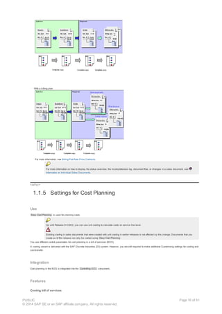 · With a billing plan
For more information, see Billing/Flat-Rate Price Contracts.
For more information on how to display the status overview, the incompleteness log, document flow, or changes in a sales document, see
Information on Individual Sales Documents.
!--a11y-->
1.1.5 Settings for Cost Planning
Use
Easy Cost Planning is used for planning costs.
Up until Release DI 4.6C2, you can use unit costing to calculate costs on service line level.
Existing costing in sales documents that were created with unit costing in earlier releases is not affected by this change. Documents that you
create as of this release can only be costed using Easy Cost Planning .
You use different control parameters for cost planning in a bill of services (BOS).
A costing variant is delivered with the SAP Discrete Industries (DI) system. However, you are still required to make additional Customizing settings for costing and
cost transfer.
Integration
Cost planning in the BOS is integrated into the Controlling (CO) component.
Features
Costing bill of services
PUBLIC
© 2014 SAP SE or an SAP affiliate company. All rights reserved.
Page 16 of 91
 