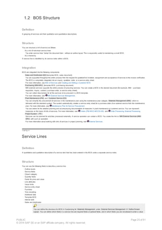 1.2 BOS Structure
Definition
A grouping of services and their qualitative and quantitative descriptions.
Structure
You can structure a bill of service as follows:
· As a list of individual service lines
You enter service lines 'below' the document item - without an outline layout. This is especially suited to maintaining a small BOS.
· As a hierarchy
A service line is identified by its service index within a BOS.
Integration
BOS are integrated into the following components:
· Sales and Distribution (SD) (template BOS, sales document)
You are supported throughout the entire process from the request for quotation/bid invitation, assignment and acceptance of services to the invoice verification.
The BOS is completely integrated into an inquiry, quotation, order, or a service entry sheet.
For more information, see Bills of Services and Creating and Editing a Customer BOS.
· Purchasing (MM-SRV) (template BOS, purchasing document)
MM external services supports the entire process of procuring services. You can create a BOS in the desired document (for example, MM – purchase
requisition, inquiry, contract, purchase order, or service entry sheet).
You can collect descriptions for all the services to be procured in a BOS template.
For more information, see MM External Services Management.
· Plant Maintenance (PM) and Customer Service (CS)
You can simplify the procurement of services in the maintenance plan using the maintenance plan category Materials Management (MM), which is
delivered with the standard system. The system automatically creates a service entry sheet for a purchase order of an external service from the maintenance
plan. For more information, see Maintenance Plan for Service Procurement.
You use orders for the detailed planning and accompanying documentation of measures in plant maintenance or customer service. You can represent
measures on the basis of bills of services. For more information, see Orders (PM-WOC-MO/CS-SE) and Order Processing; External Processing.
· Project System ( PS )
Services can be planned for activities processed externally. A service operation can contain a BOS. You create the link to MM External Services (MM-
SRV) with such an operation.
For more information about working with bills of services in project planning, see External Services.
!--a11y-->
Service Lines
Definition
A quantitative and qualitative description of a service item that has been entered in the BOS under a separate service index.
Structure
You can use the following fields to describe a service line:
· Outline levels
· Service fields
· Object category
· Quantity fields
· Fields for price and value
· Line attributes
· Value limits
· Service entry sheet
· Functions
· Time recording
· Additional data
· Template BOS
· Internal work
· Sales and distribution
You can define the structure of a BOS in Customizing for Materials Management under External Services Management ® Define Screen
Layout . You can define which fields in a service line are required fields or optional fields, and in which fields you are not allowed to enter a value
PUBLIC
© 2014 SAP SE or an SAP affiliate company. All rights reserved.
Page 25 of 91
 