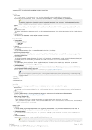 at all.
The following section describes important fields from the view of a customer’s BOS:
Identifier
· Line number
This is a unique identifier for a service line in the BOS. The system uses this as a default to create the service index dynamically.
If you create a service line, the system provides a line number corresponding to the line number increment that you have determined.
You determine the line number increment in Customizing for Materials Management under Services ® Source Determination and Default
Values ® for Client . You can change the numbering in the document.
· Line ID
You can specify an alphanumeric value in addition to the numeric line number. This is an additional identifier that you can also use to create the service
index.
· External service number
You can enter an alphanumeric value that, for example, the sold-to party or subcontractor uses for the service. You can use this number to create the service
index.
· Subitem number
You can specify the position of the subitem within the composite of service line.
Service Description
· Object category
Identifies a service line as:
· Main item
· Subitem
· Short text
You can briefly describe the service line.
· Long text line
You can use this text for internal notes, or for additional text on the sold-to party or subcontractor.
· Service Entry Allowed for Subitem
You can use this to indicate whether the subitem is relevant for quantity takeoff. If this indicator has not been set, then the subitems are not copied to the
service entry sheet document.
· Costing Lot Size
You can determine whether costs are estimated for one unit or for all the service lines. If the lot size is to be changed for a service line that has already been
estimated, the changes are not automatically reflected in the lot size for the cost estimation and must be recalculated manually.
· Material group
You use the material group to group several services lines that have the same properties. By using material groups, for example, you can restrict
evaluations, and perform specific searches using search helps.
· Subcontractor group
You use subcontractor groups to identify service lines for external assignment to subcontractors. This allows you to create a subcontractor BOS from the
service lines that are selected for external assignment.
For more information about inquiries and quotations for subcontractor services, see Cost and Revenue Planning.
You use purchasing groups or maintenance groups as grouping and/or selection criteria. You then define the following subcontractor groups for
maintenance groups:
- 0001 Dry construction
- 0002 Heating
- 0003 Electrical work
Master Data
You do not require master data to generate a BOS. However, master data does help you to create service descriptions rapidly.
· Service number
You can assign a service master record to a service line. To do this, you enter the number of the service master record containing the data that you want to
copy.
· Service long text
If you have created a long text in the service master record, you can copy it to the service long text of the service line and then edit it.
For more information, see Copying Service Master Records to a BOS.
· Edition, Service Type, SSC Item
You can use these fields as follows:
¡ If you want to copy a service from a standard service catalog, you enter the relevant edition, service type, and SSC item.
¡ If you have stored a service from an SSC for a service master record that contains data you have copied through the service number, these fields display
the SSC number stored in the service master.
Quantity Fields
· Quantity
In this field you enter the contractually-agreed quantity in the order and the performed quantity in the service entry sheet. In the service entry sheet, the
system checks whether the quantity you have entered exceeds the quantity agreed to in the contract.
· Overfulfillment tolerance
This value determines the permitted quantity overrun. The system checks whether the quantity entered in the service entry sheet exceeds this tolerance
range.
· Unlimited overfulfillment
If you select this indicator, you can enter an unrestricted overfulfillment in service entry.
The control of system messages determines a service entry with an overfulfillment tolerance and an unlimited overfulfillment for BOS in sales
PUBLIC
© 2014 SAP SE or an SAP affiliate company. All rights reserved.
Page 26 of 91
 