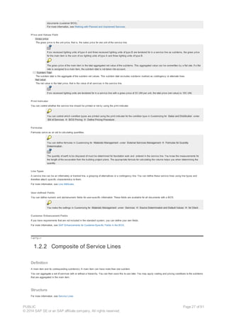The control of system messages determines a service entry with an overfulfillment tolerance and an unlimited overfulfillment for BOS in sales
documents (customer BOS).
For more information, see Working with Planned and Unplanned Services.
Price and Values Field
· Gross price
The gross price is the unit price, that is, the sales price for one unit of the service line.
If six recessed lighting units of type A and three recessed lighting units of type B are tendered for in a service line as subitems, the gross price
for the main item is the sum of six lighting units of type A and three lighting units of type B.
The gross price of the main item is the total aggregated net value of the subitems. This aggregated value can be overwritten by a flat rate. If a flat
rate is assigned to a main item, the subitem total is not taken into account.
· Subitem Total
The subitem total is the aggregate of the subitem net values. This subitem total excludes subitems marked as contingency or alternate lines.
· Net value
The net value is the total price, that is the value of all services in the service line.
If six recessed lighting units are tendered for in a service line with a gross price of 30 UNI per unit, the total price (net value) is 180 UNI.
Print Indicator
You can control whether the service line should be printed or not by using the print indicator.
You can control which condition types are printed using the print indicator for the condition type in Customizing for Sales and Distribution under
Bill of Services ® BOS Pricing ® Define Pricing Procedure .
Formulas
Formulas serve as an aid to calculating quantities.
You can define formulas in Customizing for Materials Management under External Services Management ® Formulas for Quantity
Determination .
The quantity of earth to be disposed of must be determined for foundation work and entered in the service line. You know the measurements for
the length of the excavation from the building project plans. The appropriate formula for calculating the volume helps you when determining the
quantity.
Line Types
A service line can be an informatory or blanket line, a grouping of alternatives or a contingency line. You can define these service lines using line types and
therefore attach specific characteristics to them.
For more information, see Line Attributes.
User-defined Fields
You can define numeric and alphanumeric fields for user-specific information. These fields are available for all documents with a BOS.
You make the settings in Customizing for Materials Management under Services ® Source Determination and Default Values ® for Client .
Customer Enhancement Fields
If you have requirements that are not included in the standard system, you can define your own fields.
For more information, see SAP Enhancements for Customer-Specific Fields in the BOS.
!--a11y-->
1.2.2 Composite of Service Lines
Definition
A main item and its corresponding subitem(s). A main item can have more than one subitem.
You can aggregate a set of services with or without a hierarchy. You can then save this to use later. You may apply costing and pricing conditions to the subitems
that are aggregated in the main item.
Structure
For more information, see Service Lines
PUBLIC
© 2014 SAP SE or an SAP affiliate company. All rights reserved.
Page 27 of 91
 